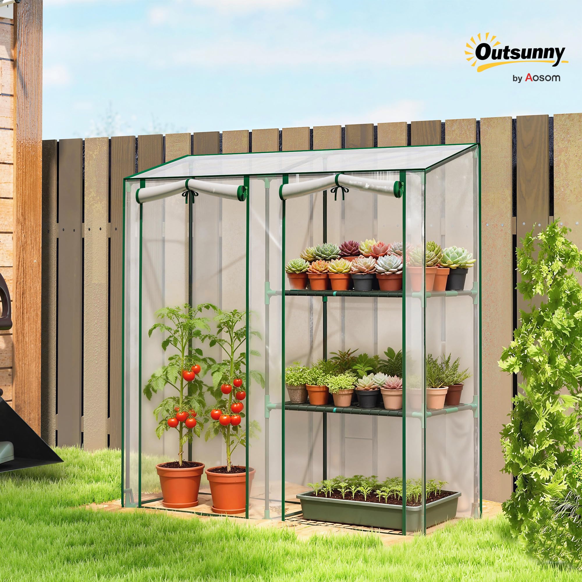 Outsunny Serre de Jardin avec étagères 3 Niveaux, Petite Serre de Balcon en Bâche PVC et Châssis Acier, 2 Portes Enroulables, pour Légumes Plantes Fleurs, 143 x 45 x 151 cm, Transparent
