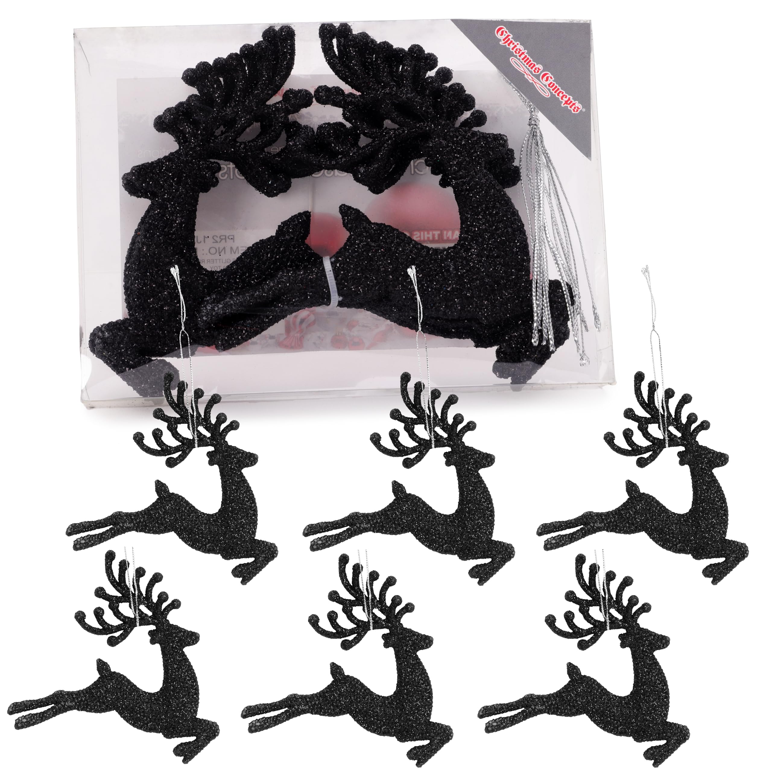 Christmas Concepts Black Christmas Concepts®- 100Mm (4") Pack Of 6 Glittery Reindeer Baubles - Christmas Tree Decorations (Black)