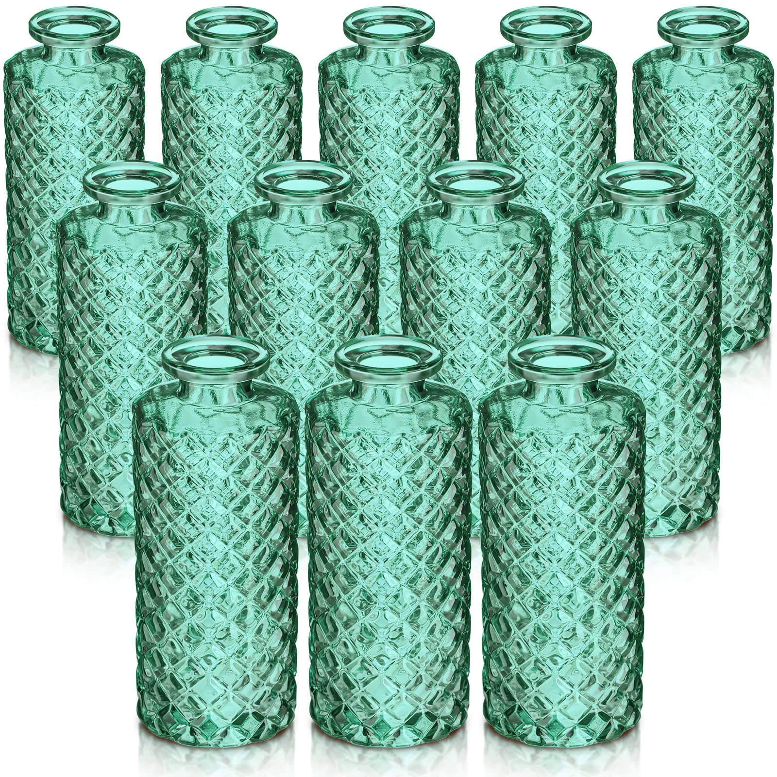Glass Bud Vases Set Small Mini Bulk for Centerpieces Wedding Flower Vase Vintage Diamond Glass Vases Flower Bottle Clear Cylinder Glass Vase for Home Table Decorations (Green, 12)
