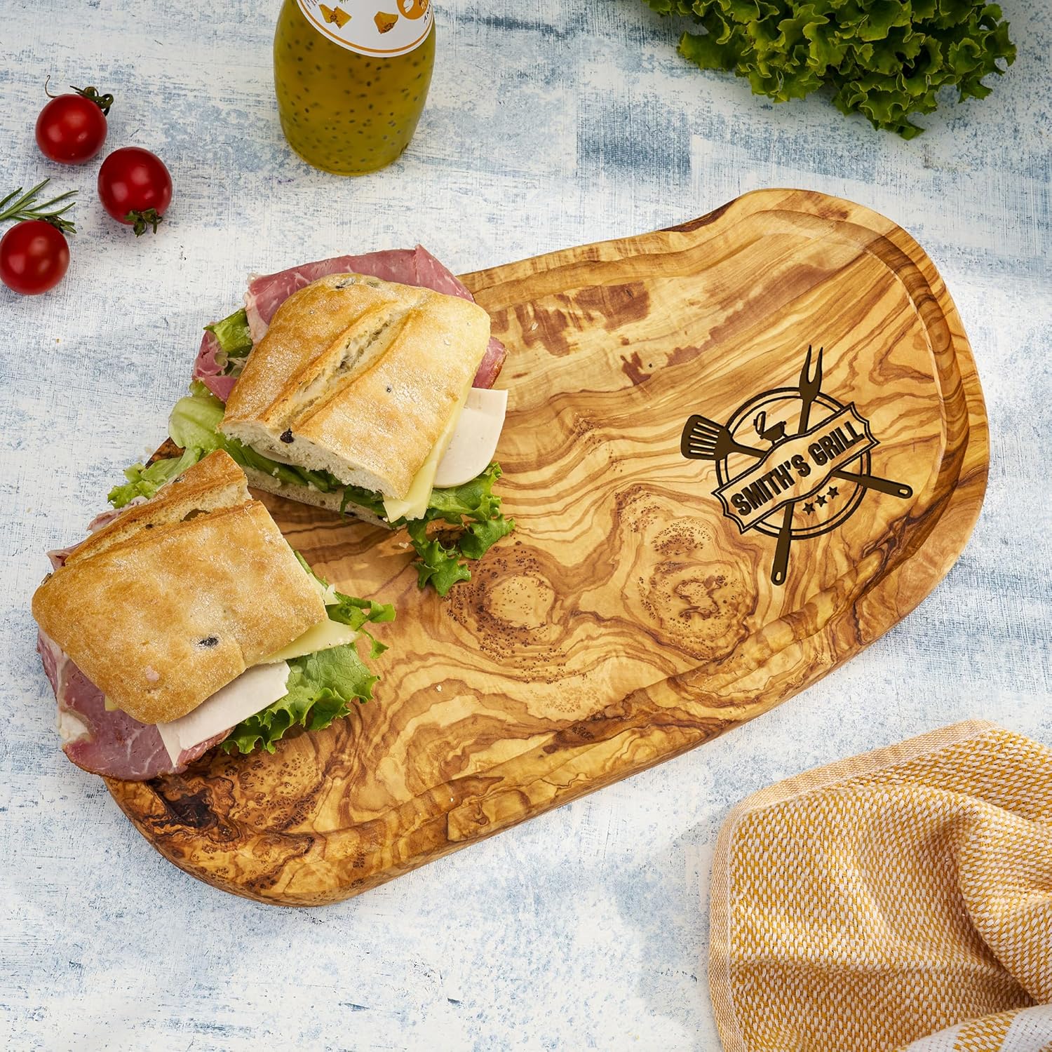 AWESOMETIK Juice Groove Olive Wood Grill Engraved Cutting Board – Personalized BBQ Gift for Men Who Love to Grill - Handcrafted - Natural - Premium Quality