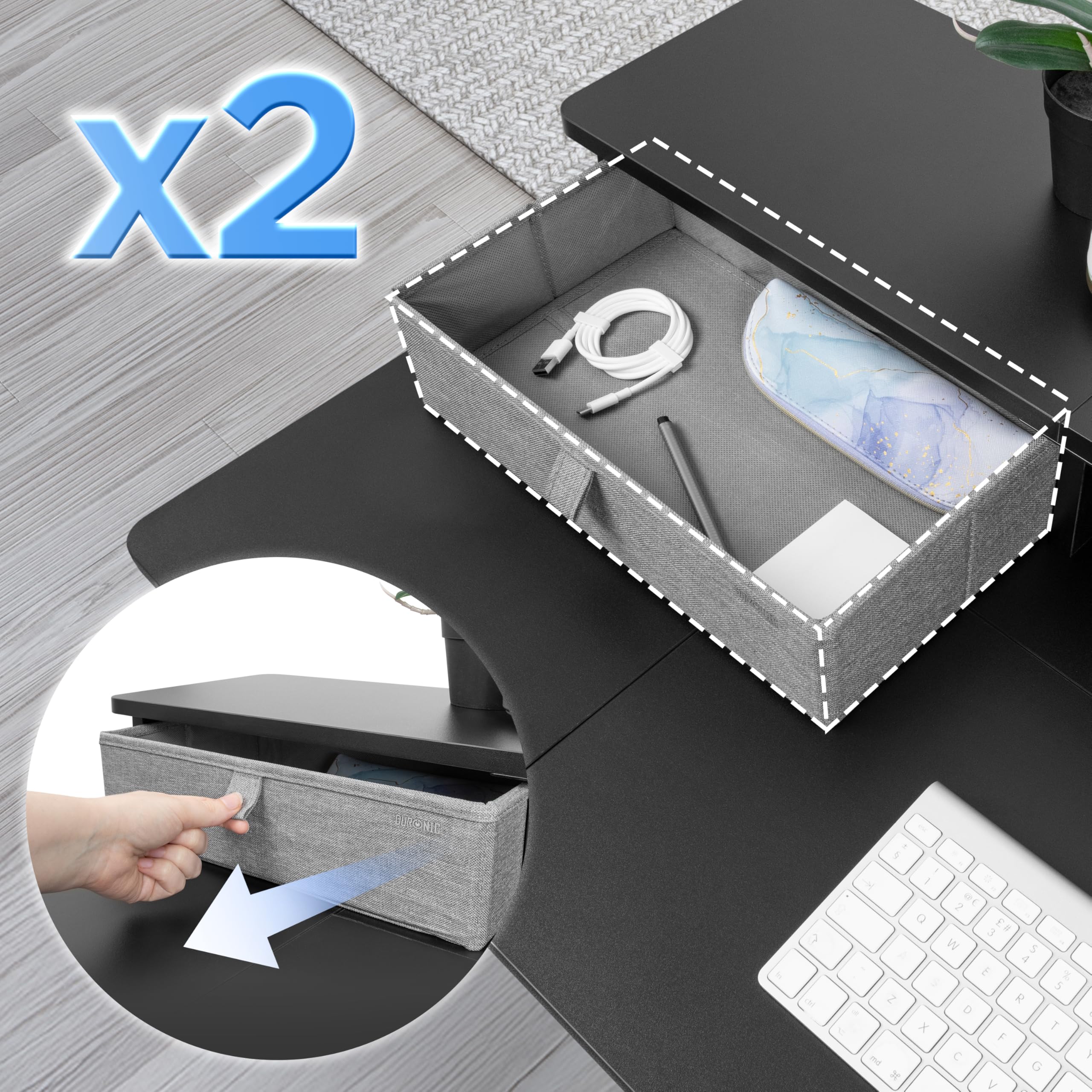 Duronic DD3 BK Accessorio per Scrivania 120 cm Nero con 2 Cassetti | Compatibile con Tutti i Desk Top da 120 cm | Superficie per Sollevare lo Schermo | Professionale Estetico e Organizzato