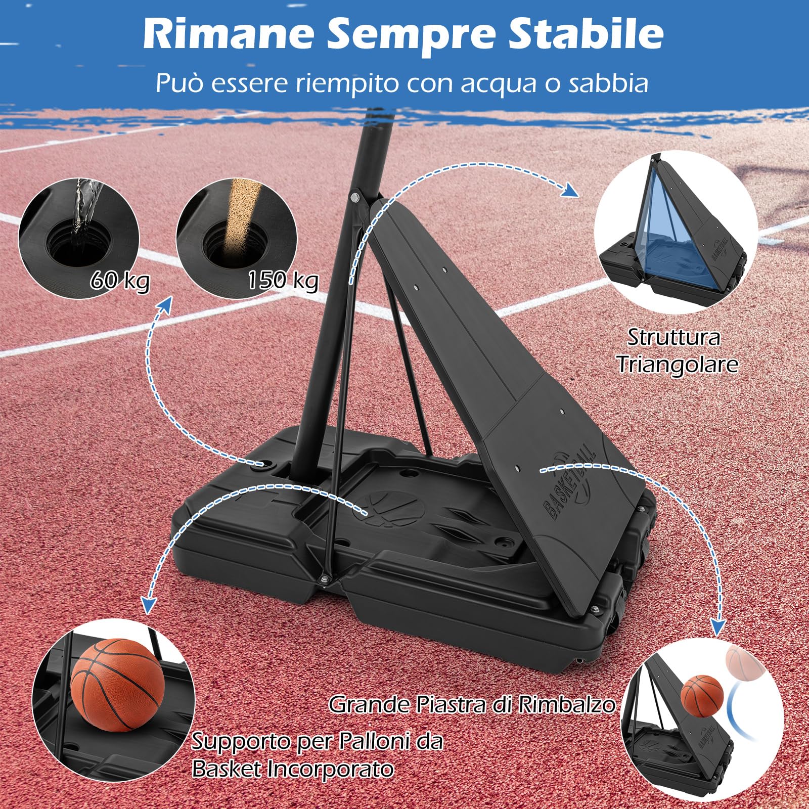 COSTWAY Canestro da Basket per Adulti, Canestro da Basket da Esterno ed Interno Regolabile 150-365 cm con Tabellone in PC, Ruote, Asta e Base Riempibile
