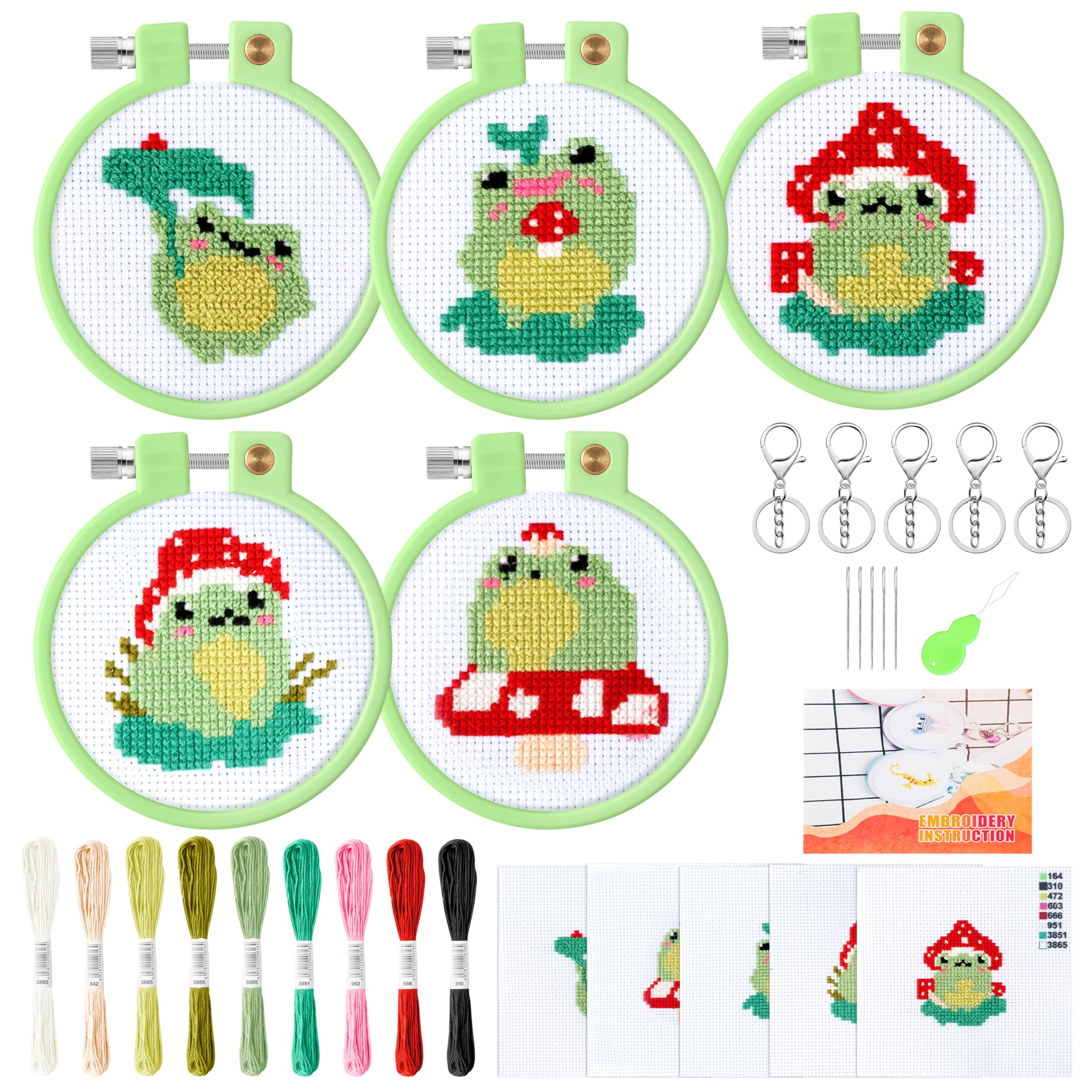 WATINC Beginners Embroidery Kits - 9PCS DIY Keychain with Mushroom Frog Cross Stitch Beginner Kit for Kids Needle Point Starter Kit Sewing Set with Instructions for Children Adults