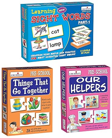 Creative Educational Aids P. Ltd. - CRE0625 Things That Go Together Puzzle (Multi-Color, 56 Pieces) & Our Helpers Puzzle (Multi-Color, 48 Pieces) & Learning Sight Words Part-1 Card Game (Multi-Color)