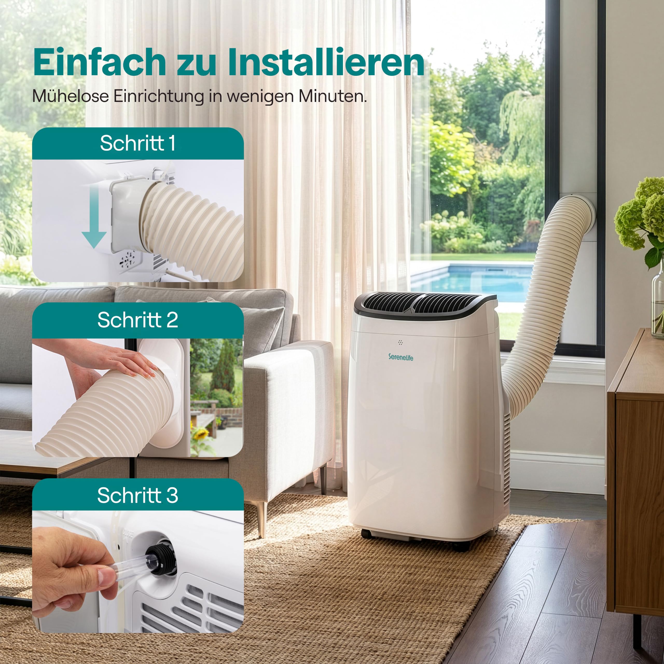 SereneLife Klimaanlage Mobil 7000 BTU – Kleine Klimaanlage für Zimmer bis 20 m² | Kühlung, Entfeuchter & Ventilator | 49 dB