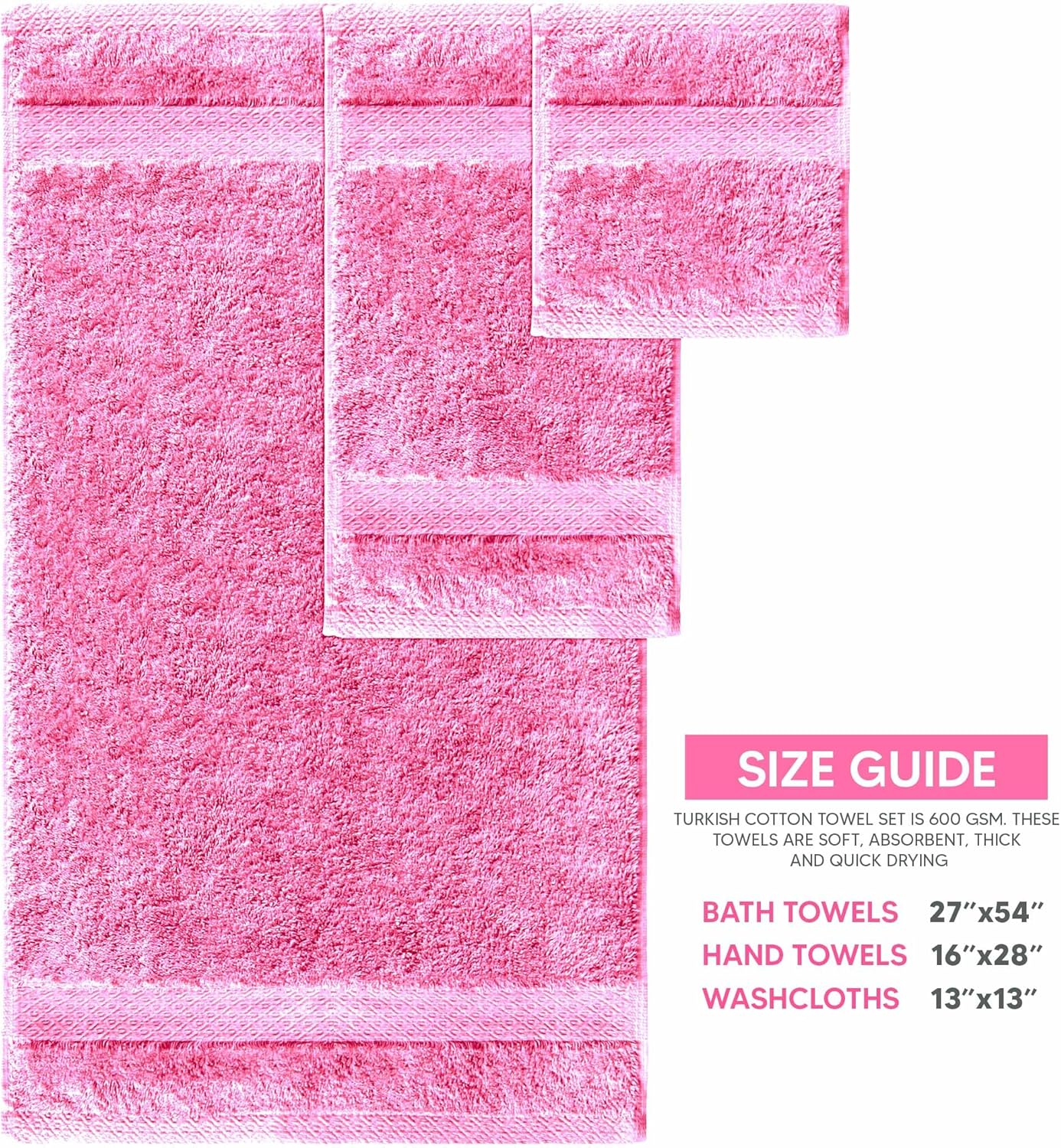 6 Piece Towel Sets, 100% Cotton Turkish Towels for Bathroom, 2 Bath Towel, 2 Hand Towel, and 2 Wash Cloth - Pink Towel Set - Image 6
