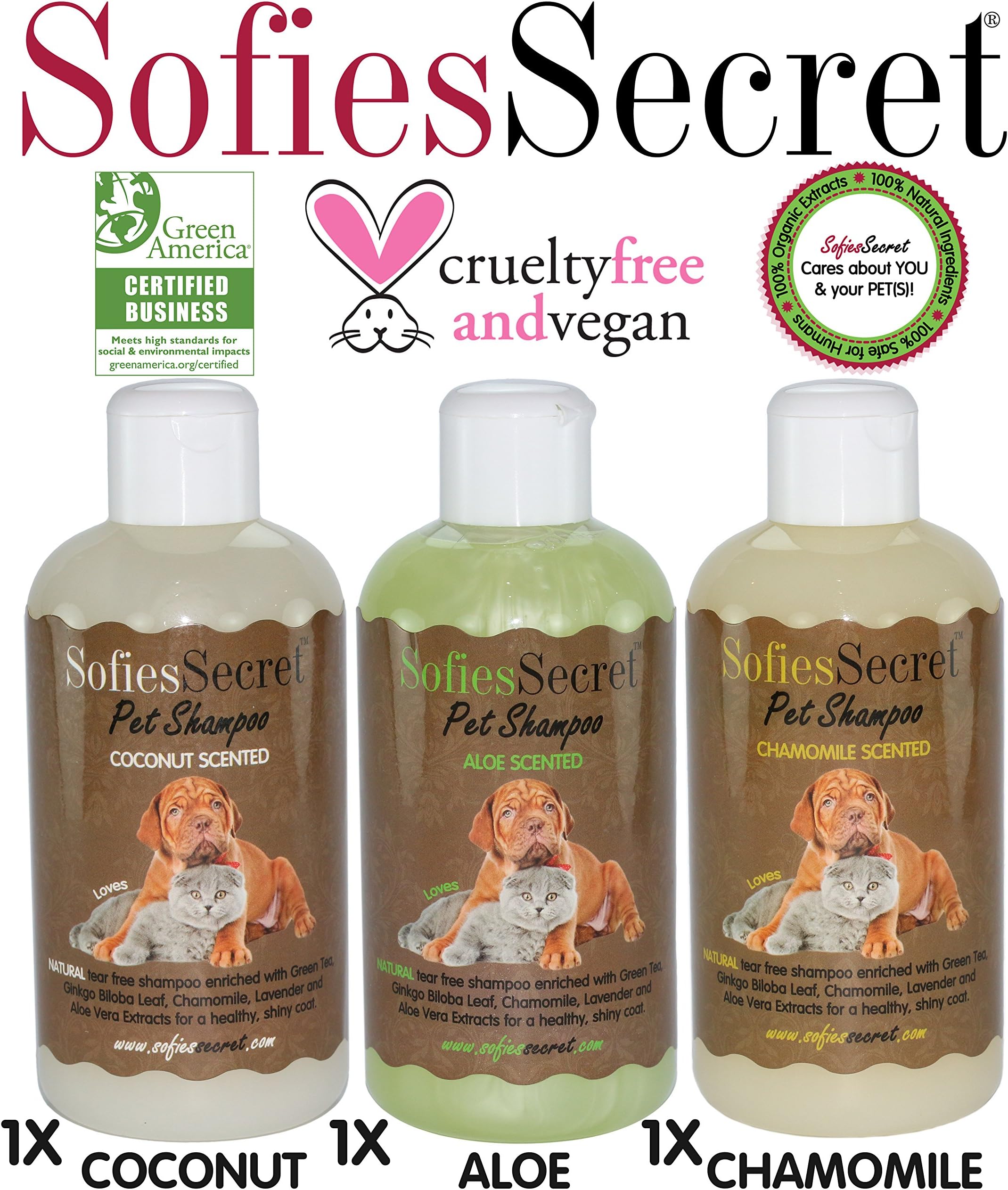 SofiesSecret 100% Natural+Organic Pet Shampoo (3PACK) Variety of Aloe, Chamomile & Coconut, NO Perfume Organic Extract for Scent, Cruelty Free & Vegan, Green America & Leaping Bunny, 25.5 fl. Oz.
