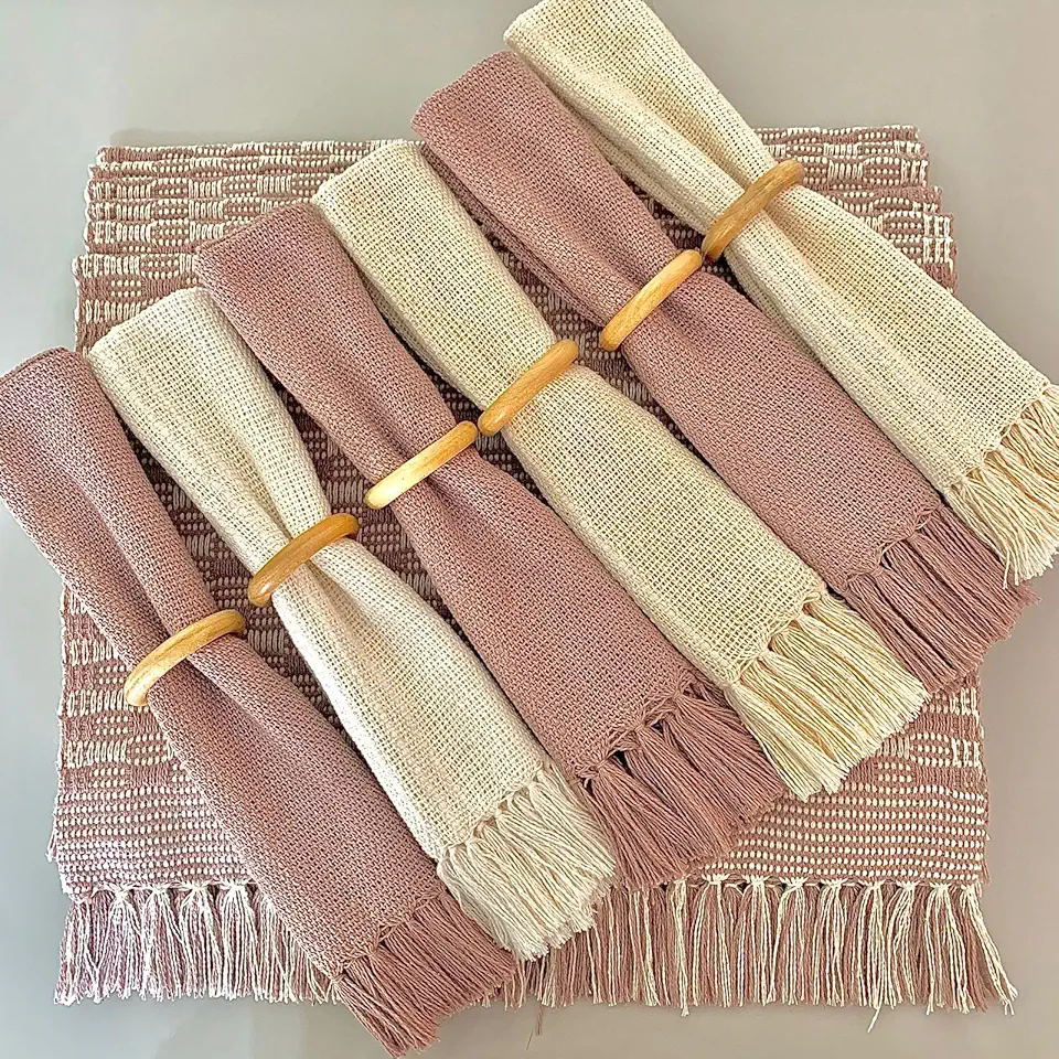 Jogo Americano Com Guardanapo De Algodão 6 Lugares Com Franjas Em Tear Mesa Posta Luxo (Diversas Cores) (Rose)