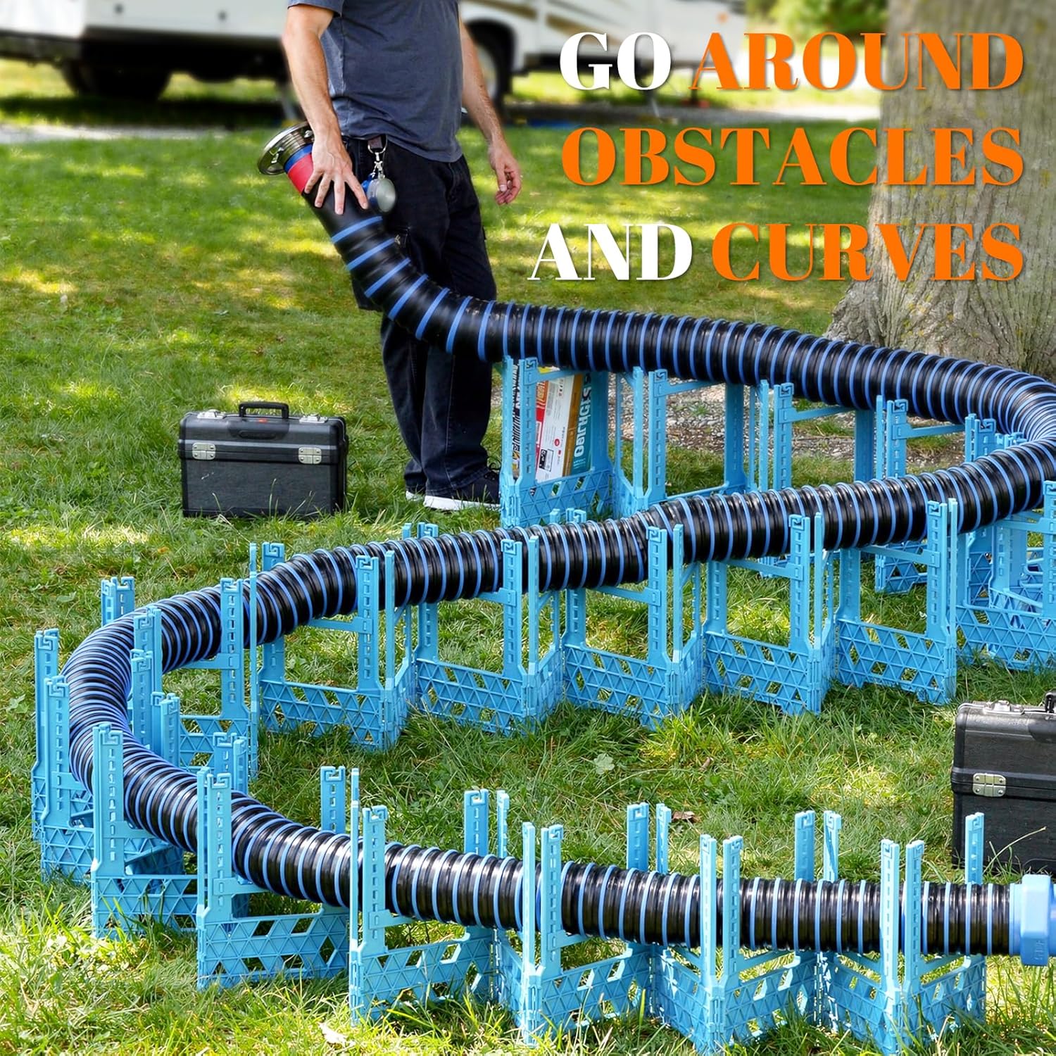 RV Sewer Hose Support 20FT, Height Adjustable RV Sewer Hose Holder with Deep Cradles, Rubber Bands & Carry Strap, Flexible Collapsible Design for Travel Trailers, Campers & Motorhomes