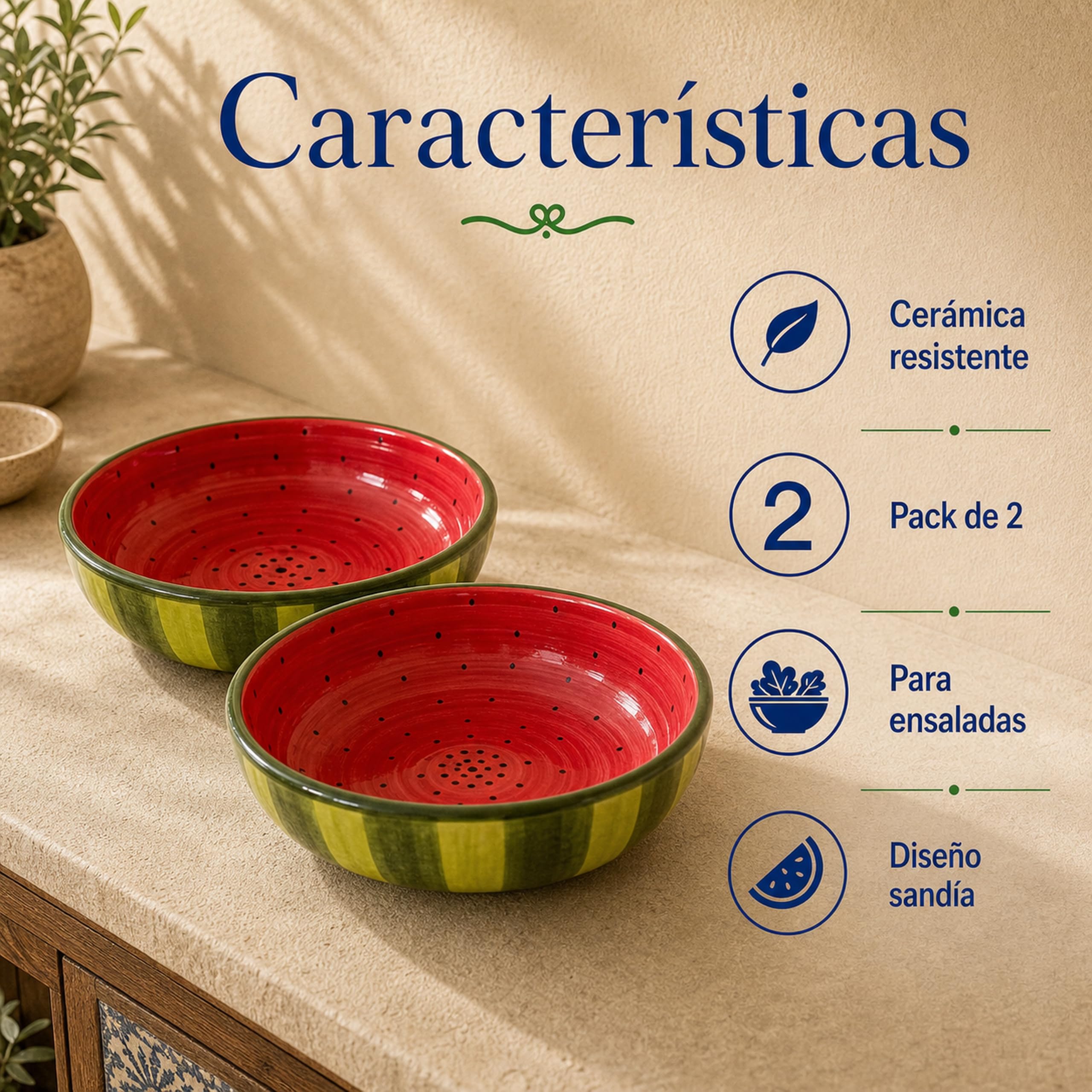 Ensaladera cerámica sandía pack de 2, bowl frutero 27 x 7,5 cm rojo verde para ensaladas y frutas