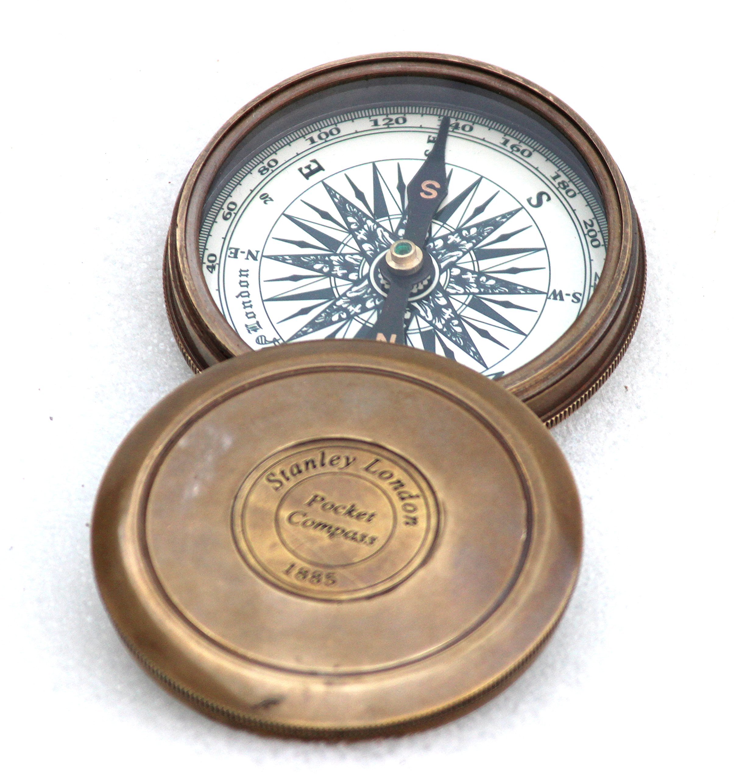 Boussole Nautique Ancienne En Laiton Stanley London 1885 - Reproduction, Boîte Cuir