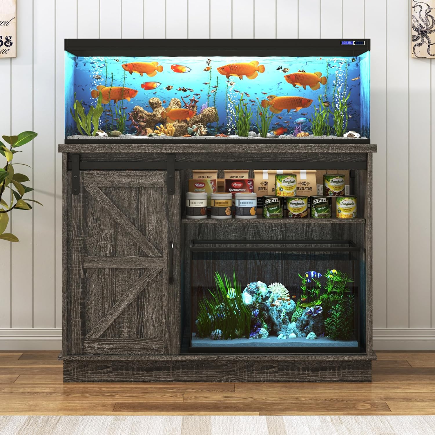 Hlivelood Farmhouse 30-40 Gallon Fish Tank Stand with Power Outlet, Aquarium Stand w/Cabinet&Sliding Barn Door, Heavy Duty Reptile Tank Stand for Fish/Turtle/Reptile Terrarium, 1000LB Capacity, Grey