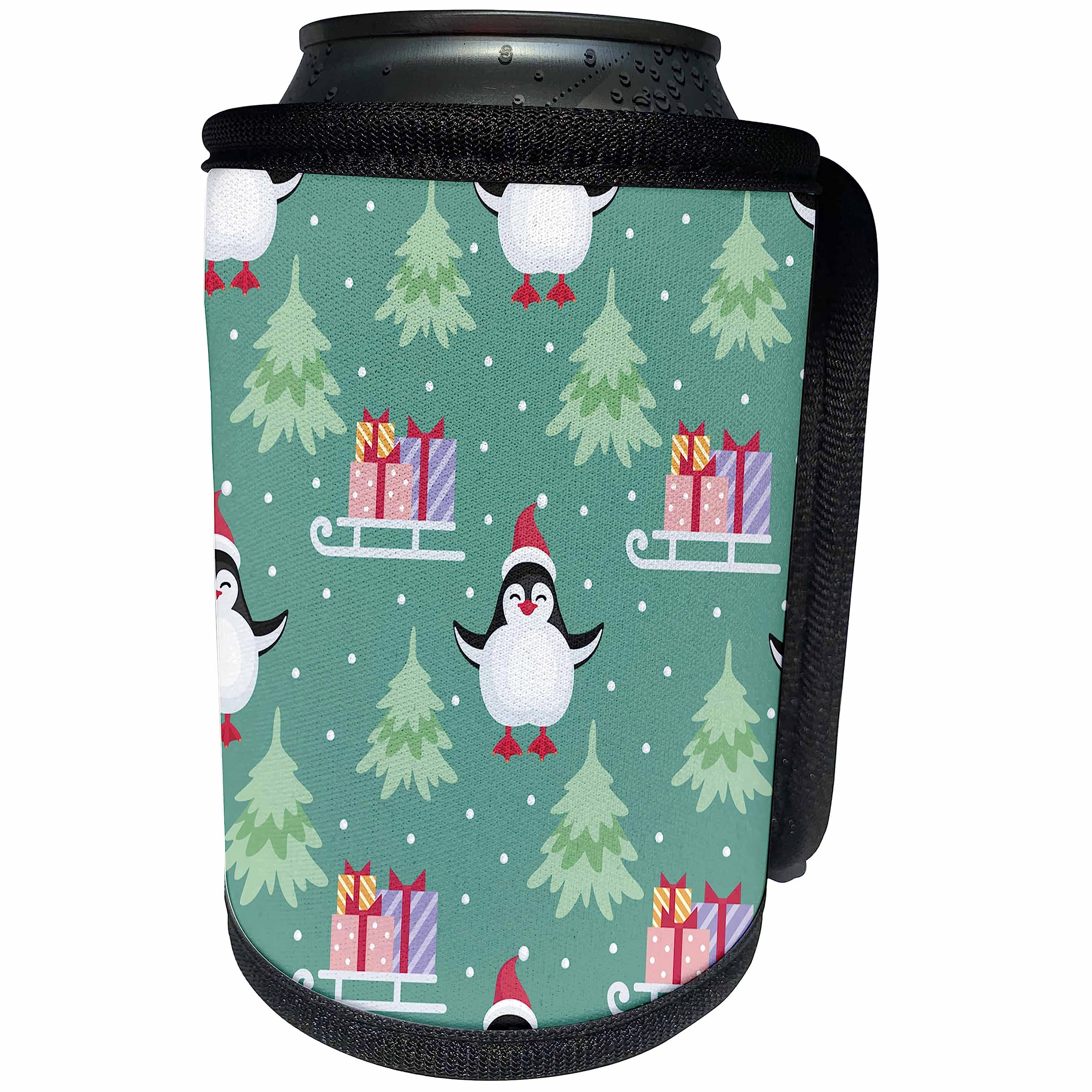 Can Cooler Bottle Wrap - Cute Penguns, Sleighs With Gifts, and Christmas Trees Pattern Christmas Patterns