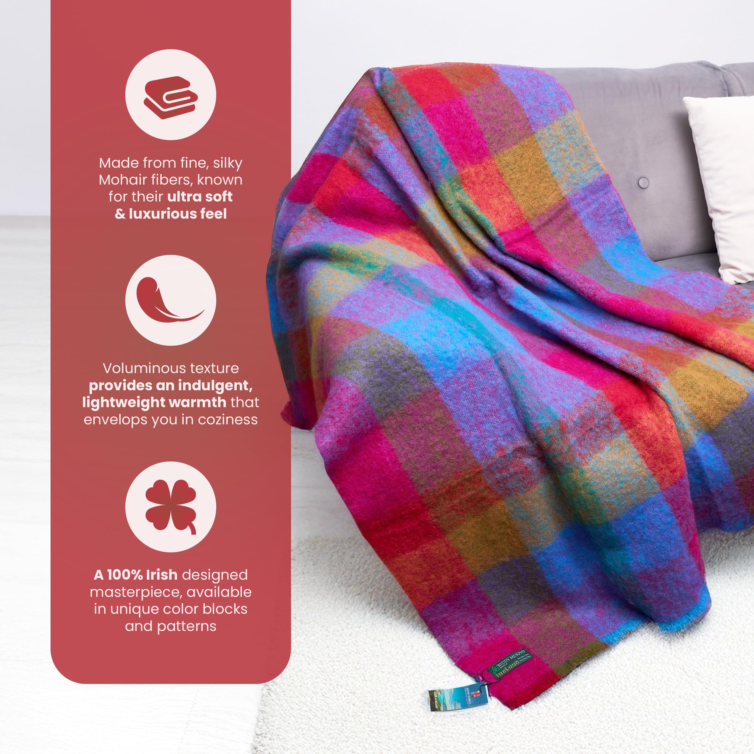 Manta de lana y mohair irlandés genuina de Angora Mohair importada de Irlanda, 72 x 54 pulgadas, estilo celta tradicional, tacto súper suave y cálida, cuadros multicolor