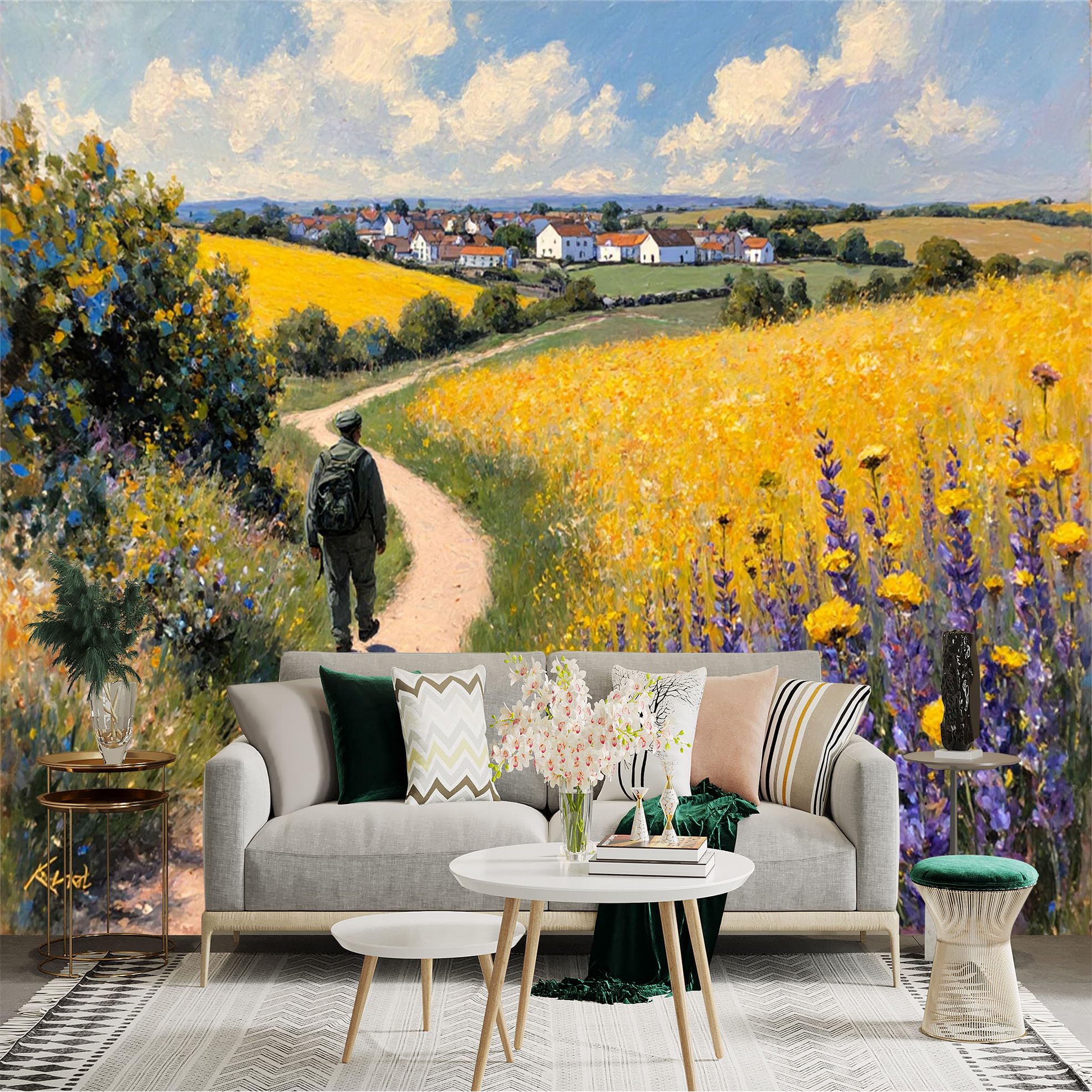 Custom Size Wall Sticker Mural， Traveler Walking on Country Path， Vibrant Yellow Flower Fields and Rural Village， for wall Decoration， peelandstick wall Decals.