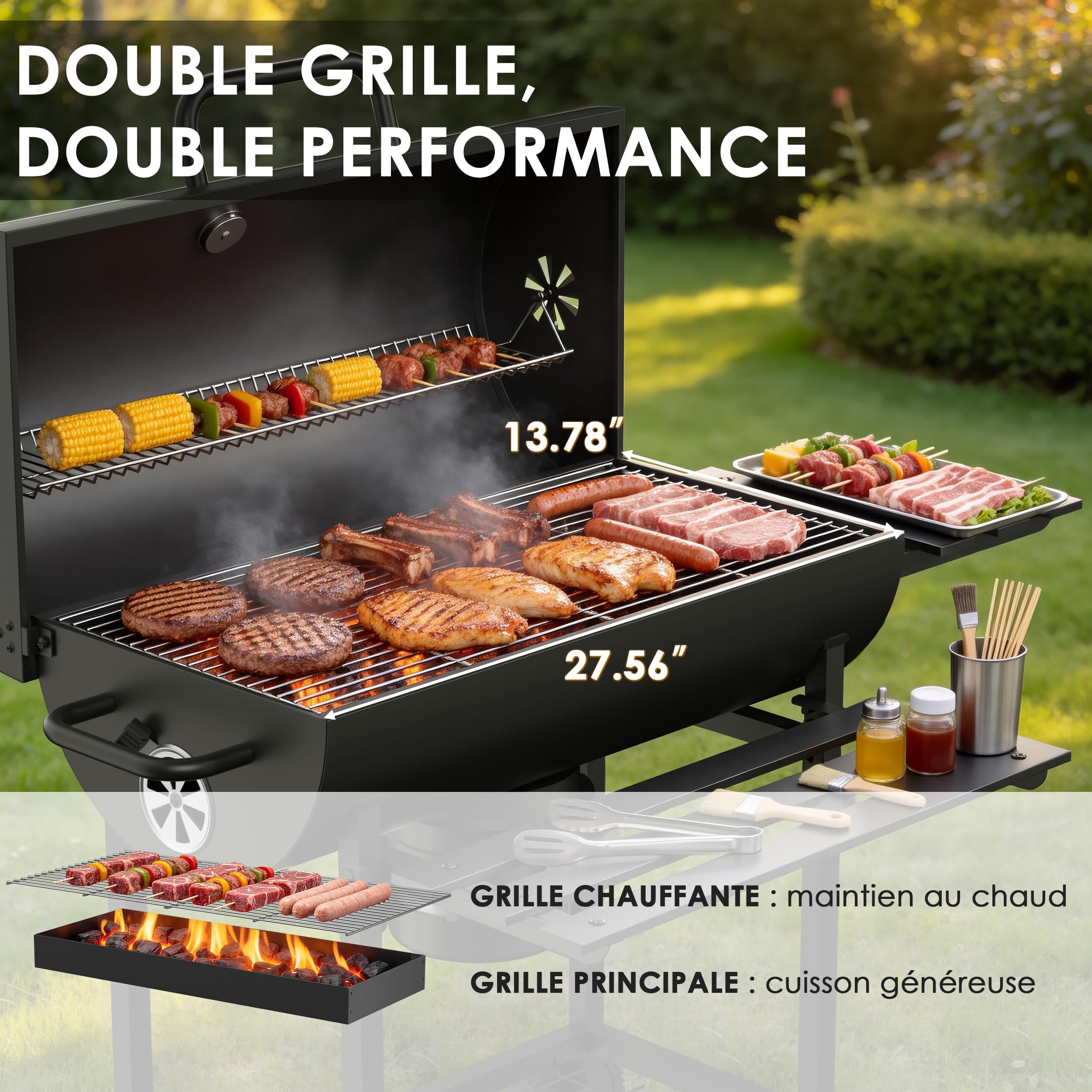 TEENO Barbecue à Charbon de Bois, Grille XXL Double Couche, Thermomètre, Tiroir à Cendres, Évents Réglables, Roulettes, Tablettes Latérales, Gants et Pince, Barbecue Extérieur Jardin Balcon Famille