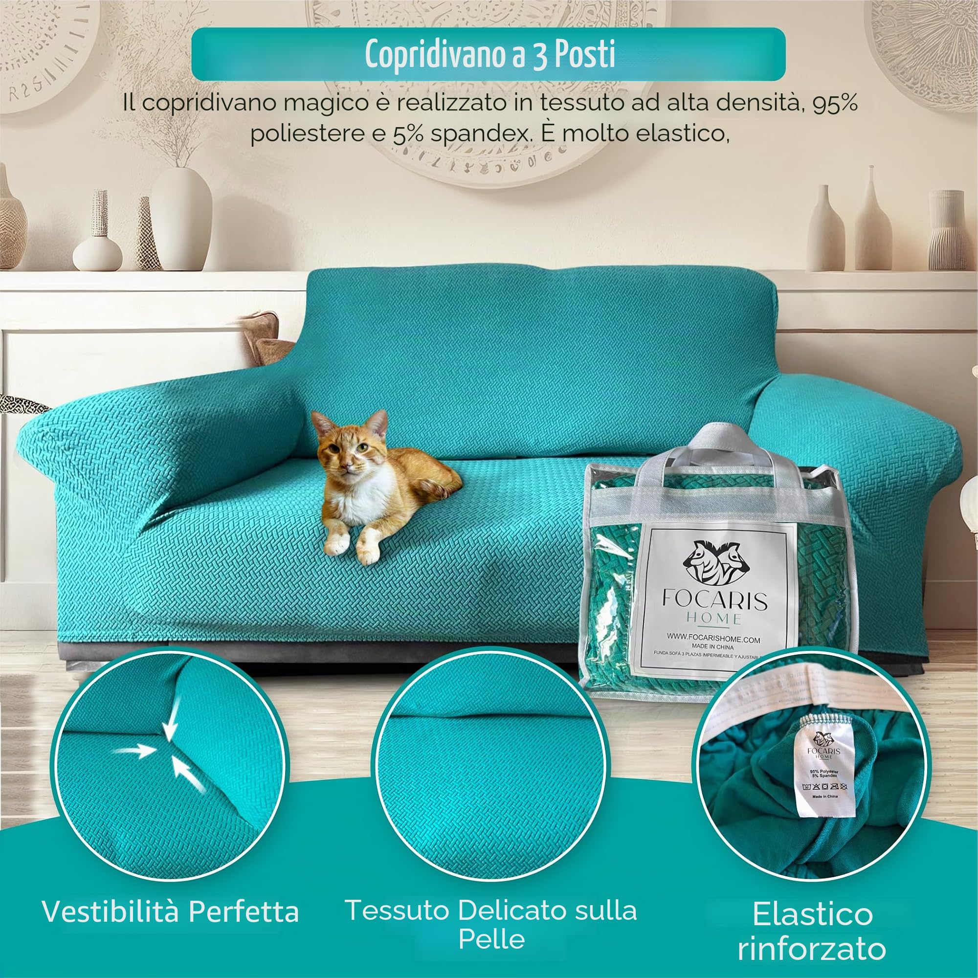 FOCARIS Home - Copridivano protettivo-regolabile e idrorepellente-copridivano 3 posti-turchese/verde (Long.max. 233 cm)-Imbottitura mais-1 pezzo-federe per divano regolabili, confezione regalo