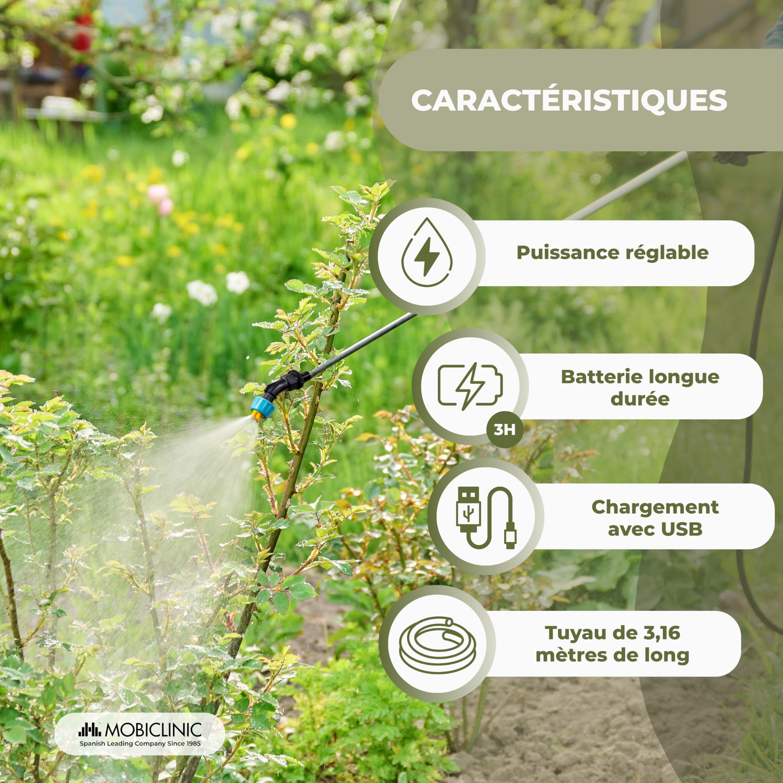 Mobiclinic®, Pulvérisateur Électrique, 3M, 4 Buses, 2 Réglages de Puissance, Autonomie de 2 à 3 h, Lance Extensible 60-85 cm, USB, Poignée Ergonomique, Irrigation et Nettoyage, Profumig