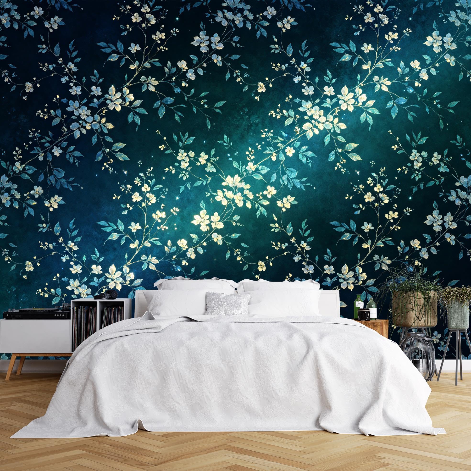 Teal Blue Floral Self Adhesive Wallpaper Mural 280X180Cm(Wxh) Photo Wallpaper Peel And Stick Waterproof Removable Vinyl Wall Covering For Kitchen Countertop Living Room Bedroom Teal Blue Floral 280X1