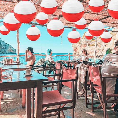 Miniatura 7 de 15 linternas de papel colgantes de bobber de pesca, linternas de papel rojo y blanco para fiesta de pesca, suministros de decoración de cumpleaños
