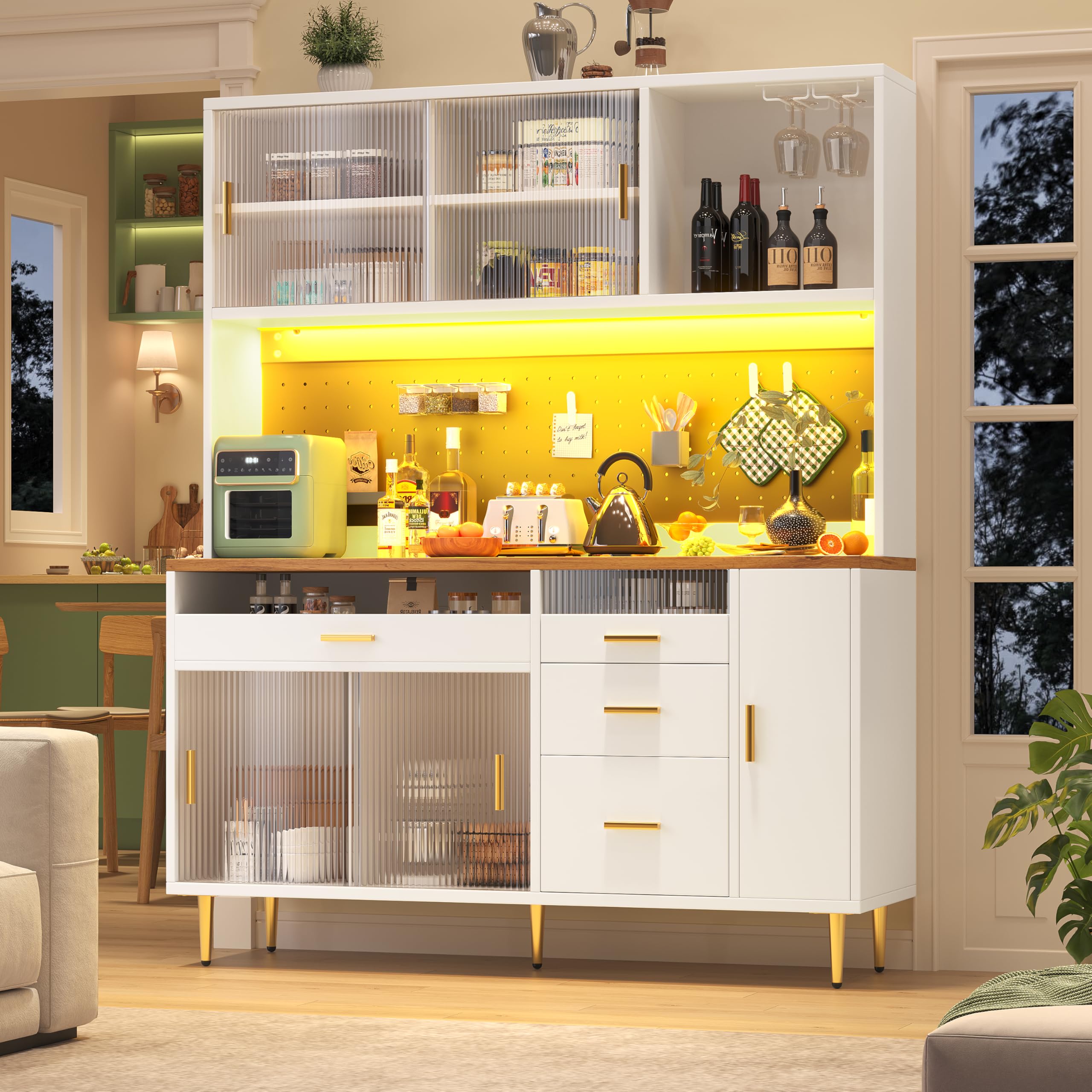 Armadio da cucina, vetrina, con illuminazione a LED, armadio alto con mensole forate, armadio da bar con porta bicchieri di vino e spazio di archiviazione, per cucina e sala da pranzo (bianco