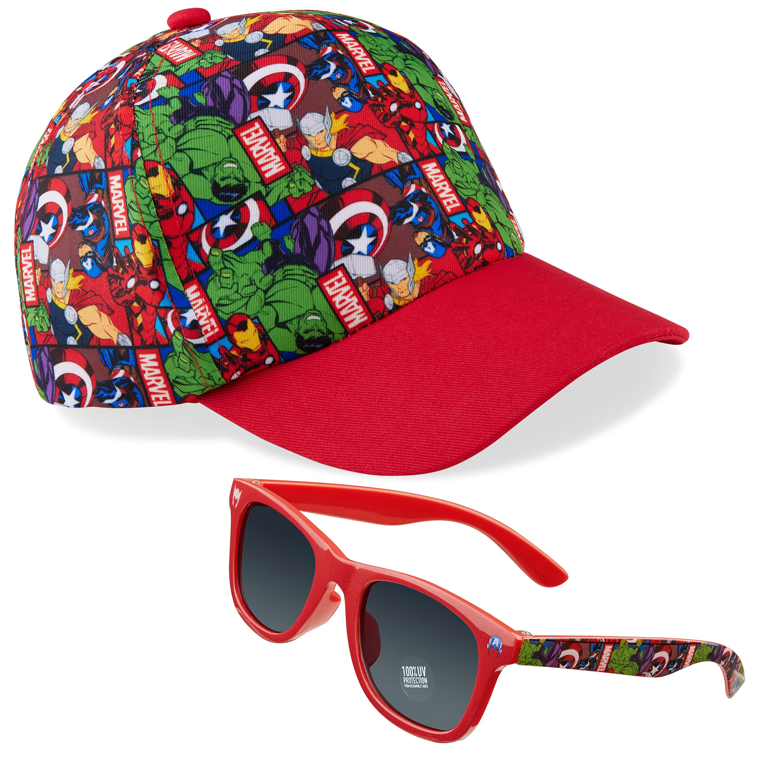 Marvel Gorra Niño, Set 2 Piezas Gorra Béisbol Niño y Gafas de Sol, Accesorios Oficiales, Ropa de Verano para Niño, Gorra Spiderman Niño Gorra Avengers Talla Única