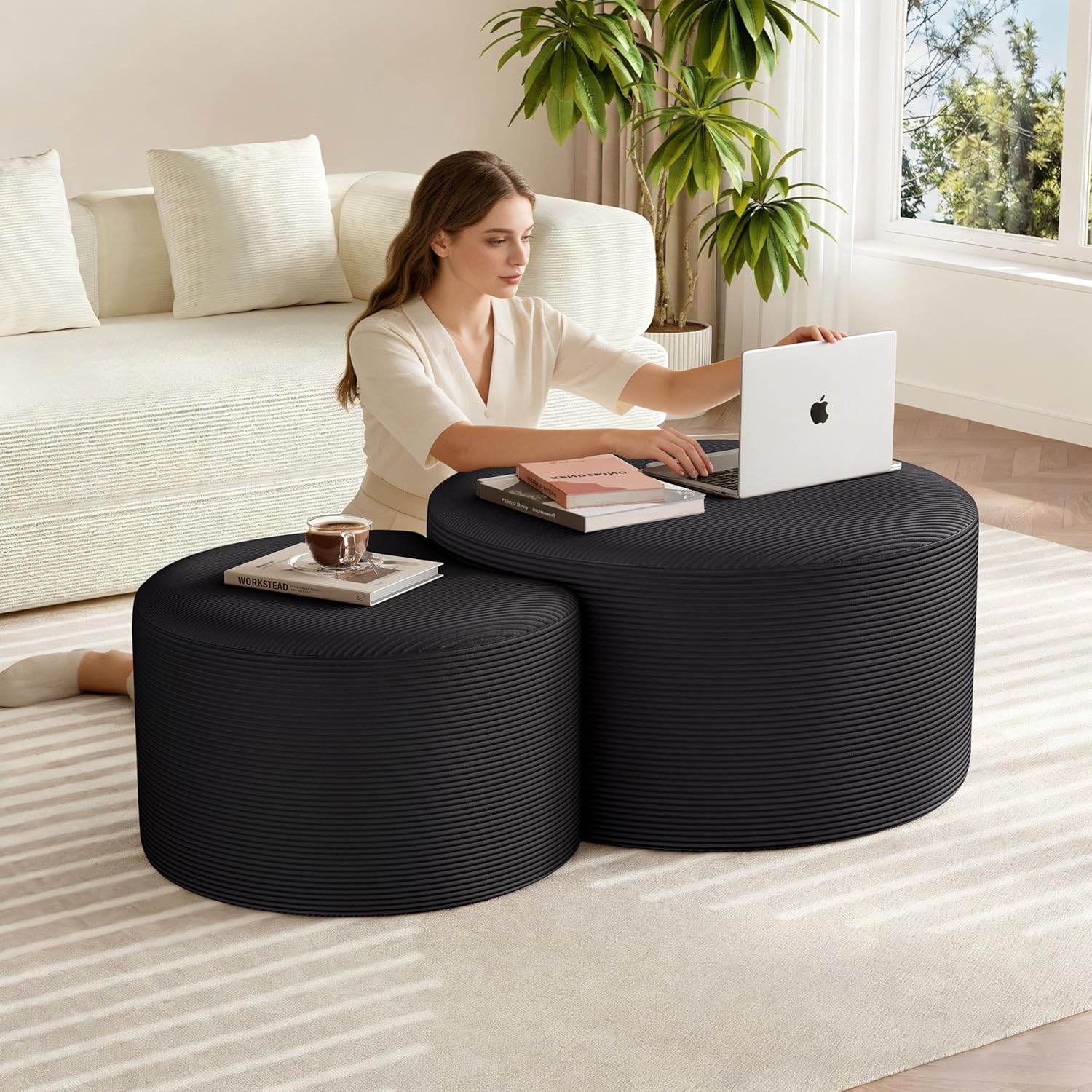 BSHOMGI Nesting Coffee Table Set of 2, Upholstered Round Corduroy Circle Foam Round Side Table for Living Room, Entryway Set, 32"+17" Footrest No Assembly (Black, 32"+17")