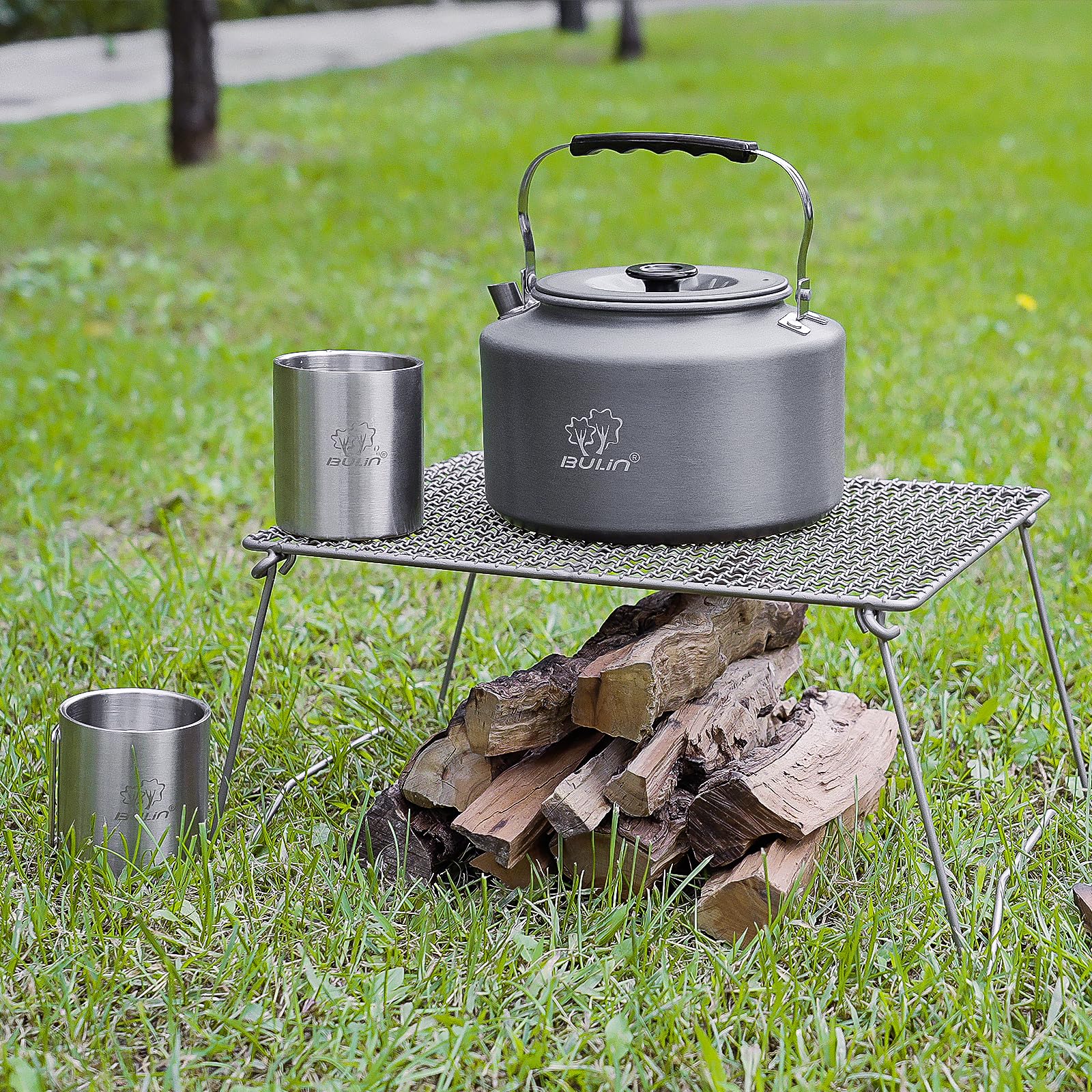 Bulin Tetera de Camping de 2,2 L con 2 Vasos, Hervidor de Agua, Taza de Acero Inoxidable con Tapa y asa Plegable para Exteriores, Pícnic, Senderismo