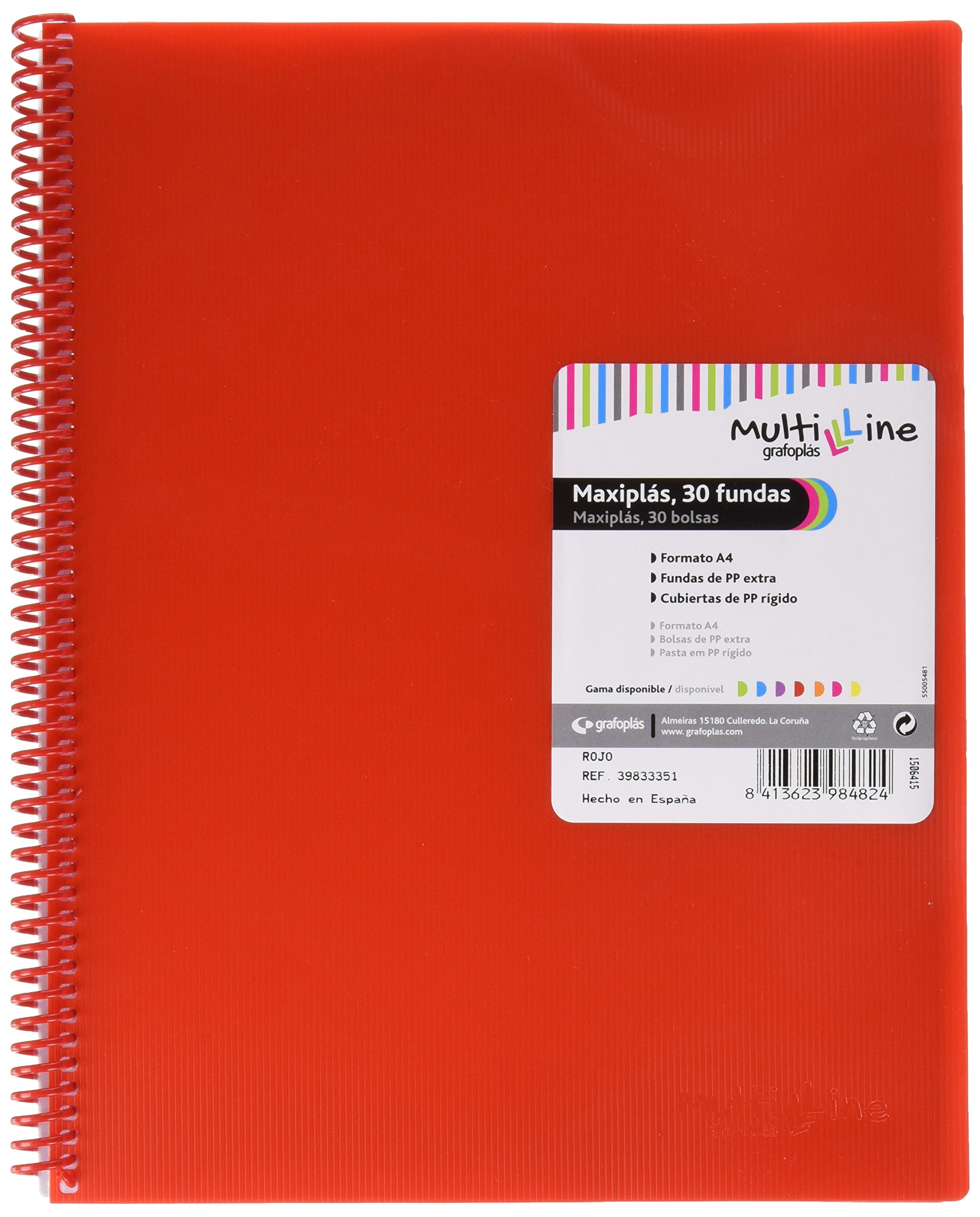 Grafoplás Multiline Maxiplás Spiral Folder with 30 Transparent A4 Sleeves Red PVC Spiral Binding Polypropylene Cover Rubber Bands with Closure