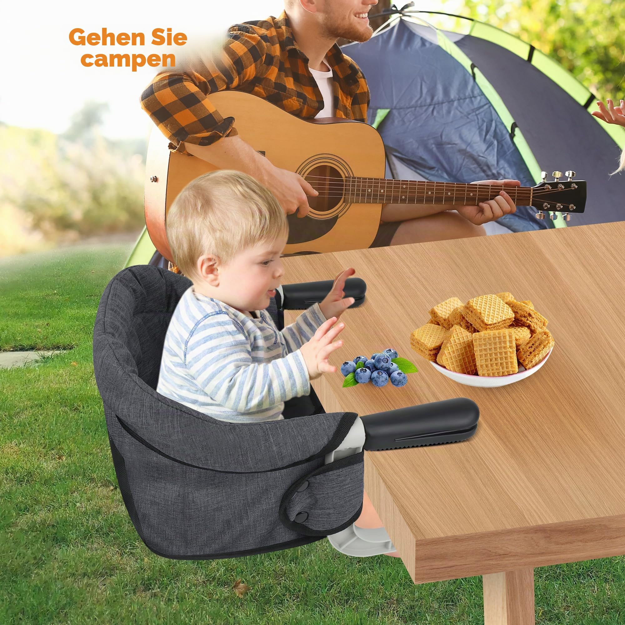 Toogel Klappbarer Tischsitz, Tragbarer Baby Hochstuhl mit Sicherheitsgurt, Kinderstuhl zum Anklippen, Sitzerhöhung Stuhlsitz Babysitz mit Transporttasche für Zuhause und Unterwegs (Schwarz)