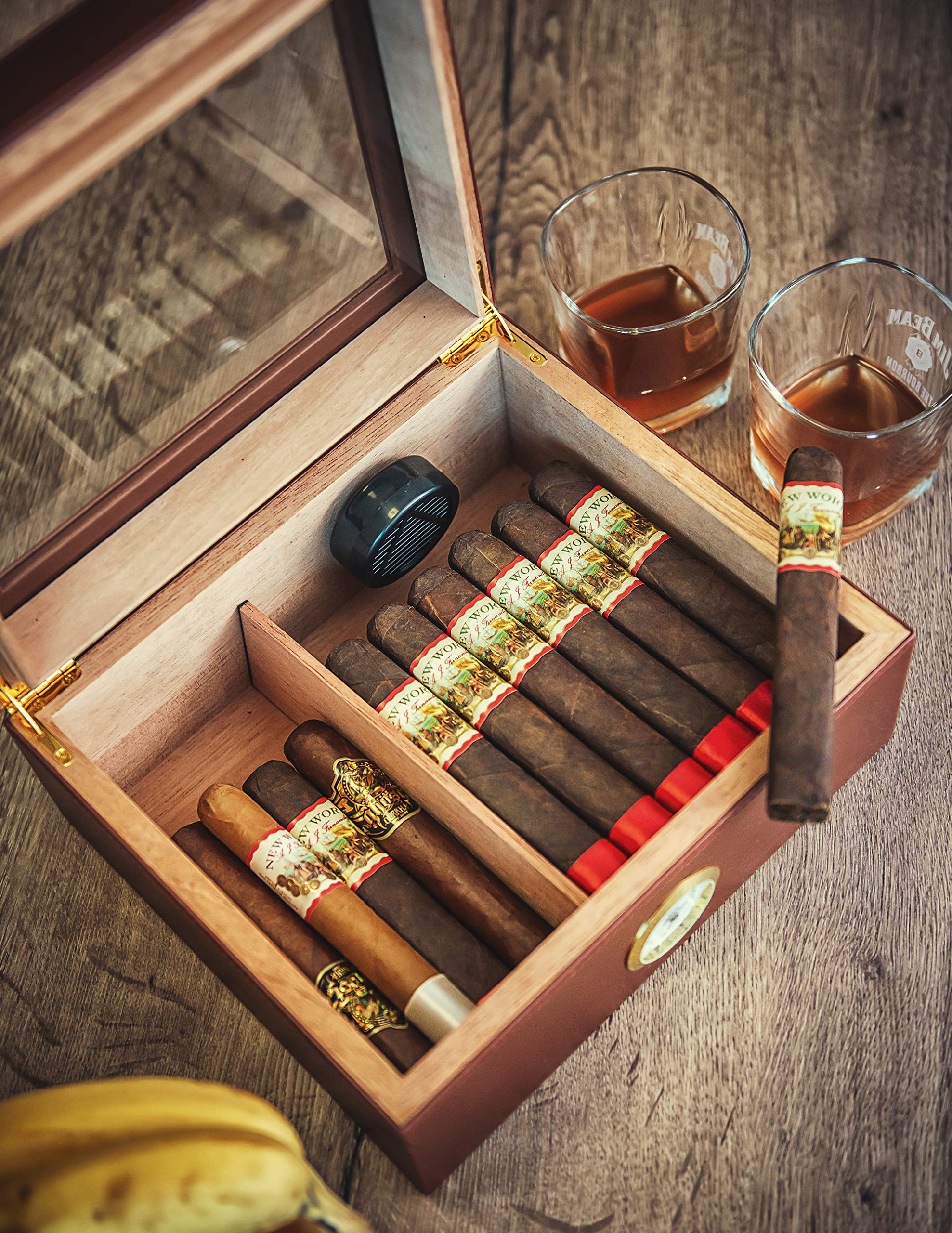 Amerigo Luxury Handcrafted Cigar Humidor Leather Glass Top Cigar Box