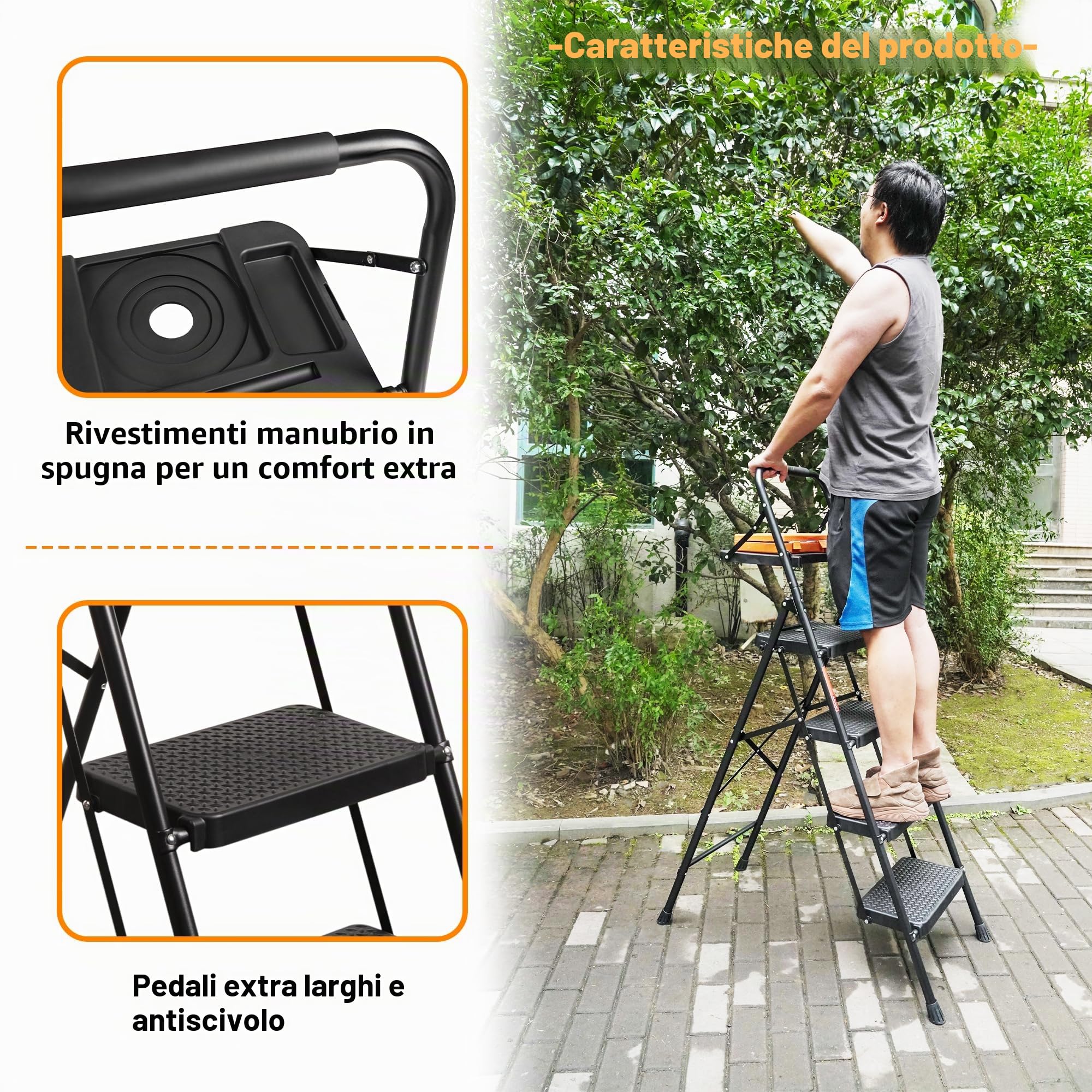 BONTEC Scala 4 gradini, sgabello pieghevole con piattaforma per attrezzi, ampi pedali antiscivolo, scala robusta in acciaio resistente da 150 kg, comoda impugnatura, sgabello portatile in acciaio