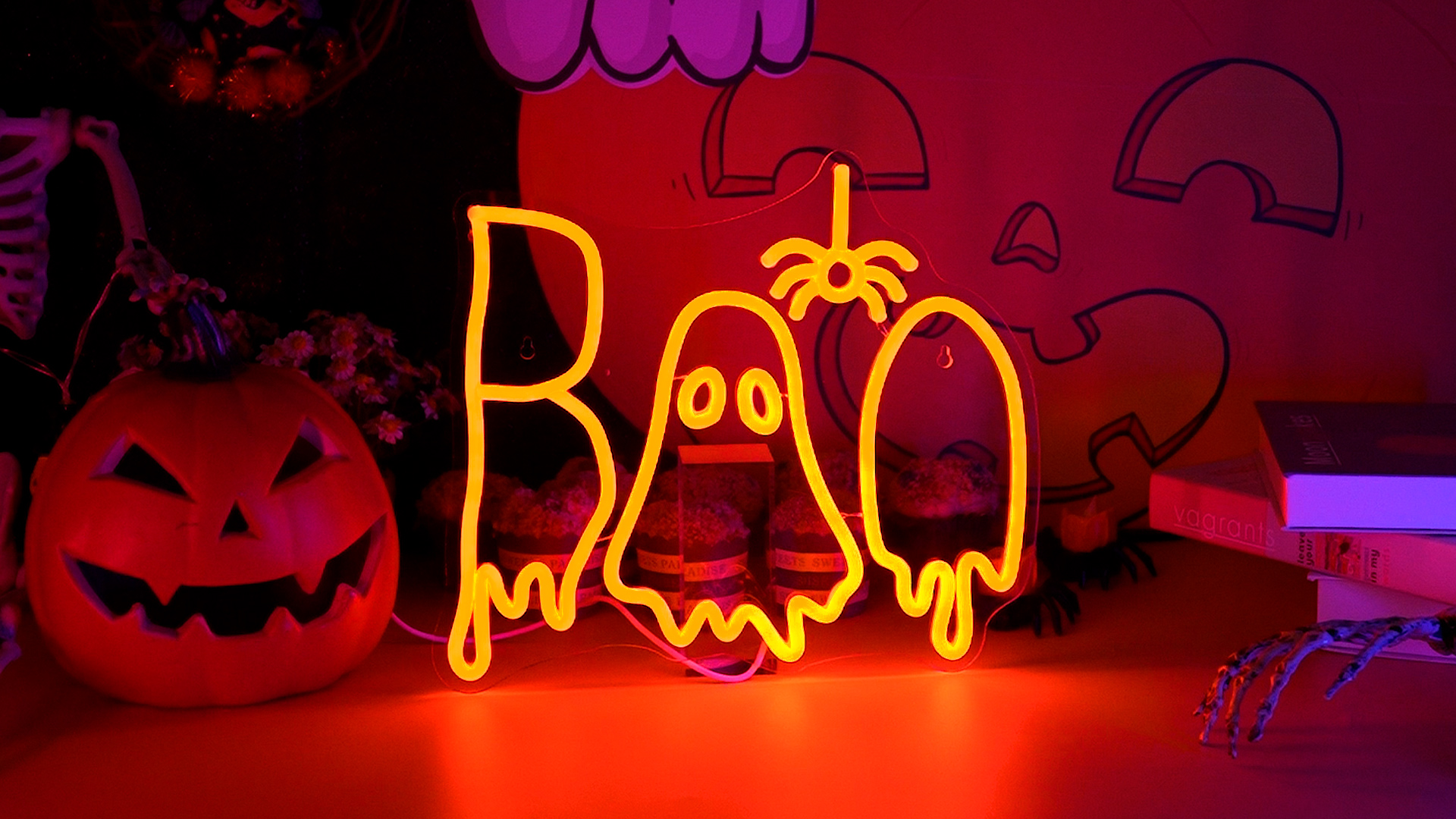 Happy Halloween Neon Sign, LED Light Up Spooky Ghost Wall Bedroom