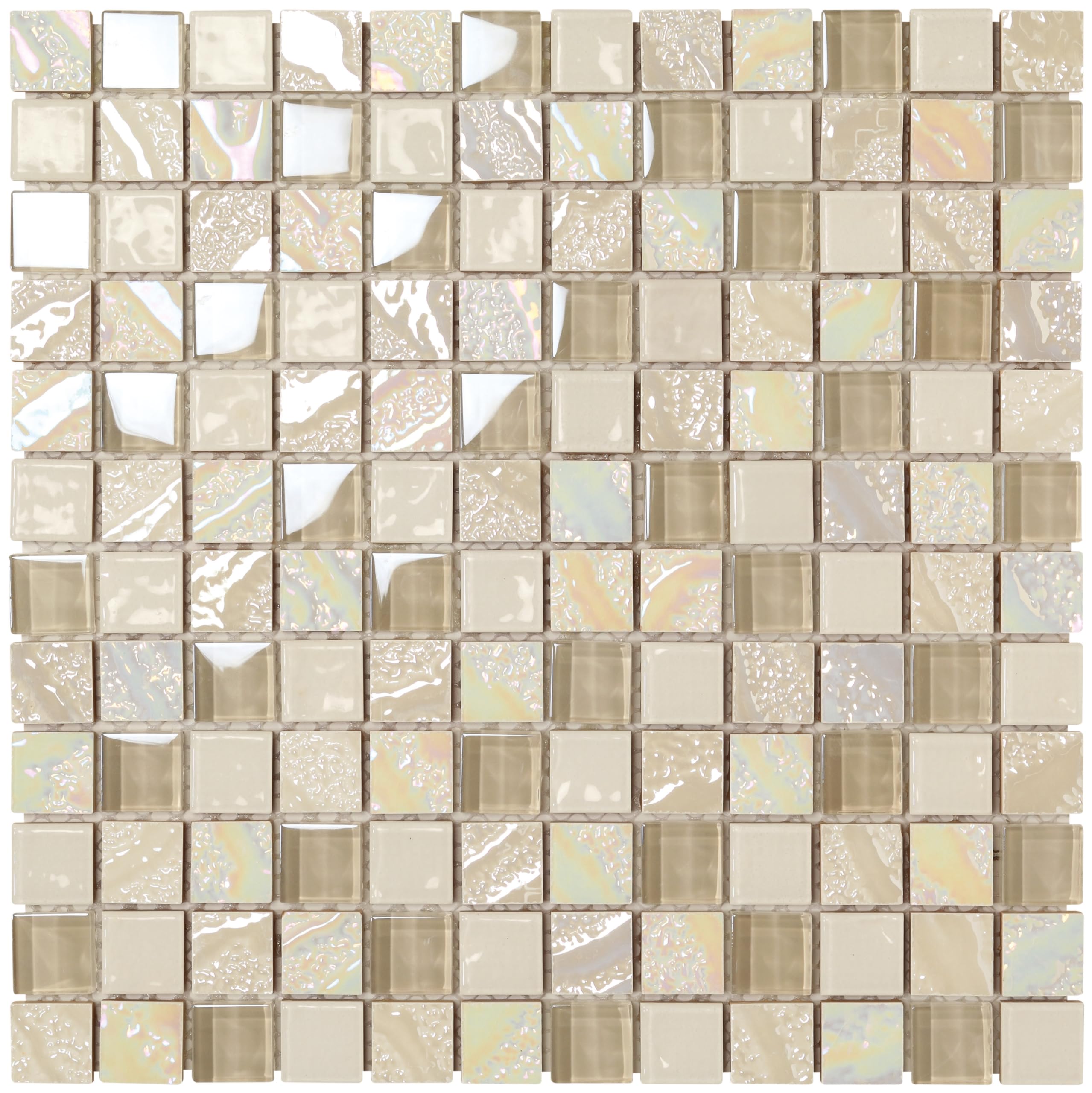 BOXER Florida Series Square Mosaic With Shiny Glass Combined With Glazed Ceramic Tiles, Ideal for Kitchen and Bathroom (Florida Beige)