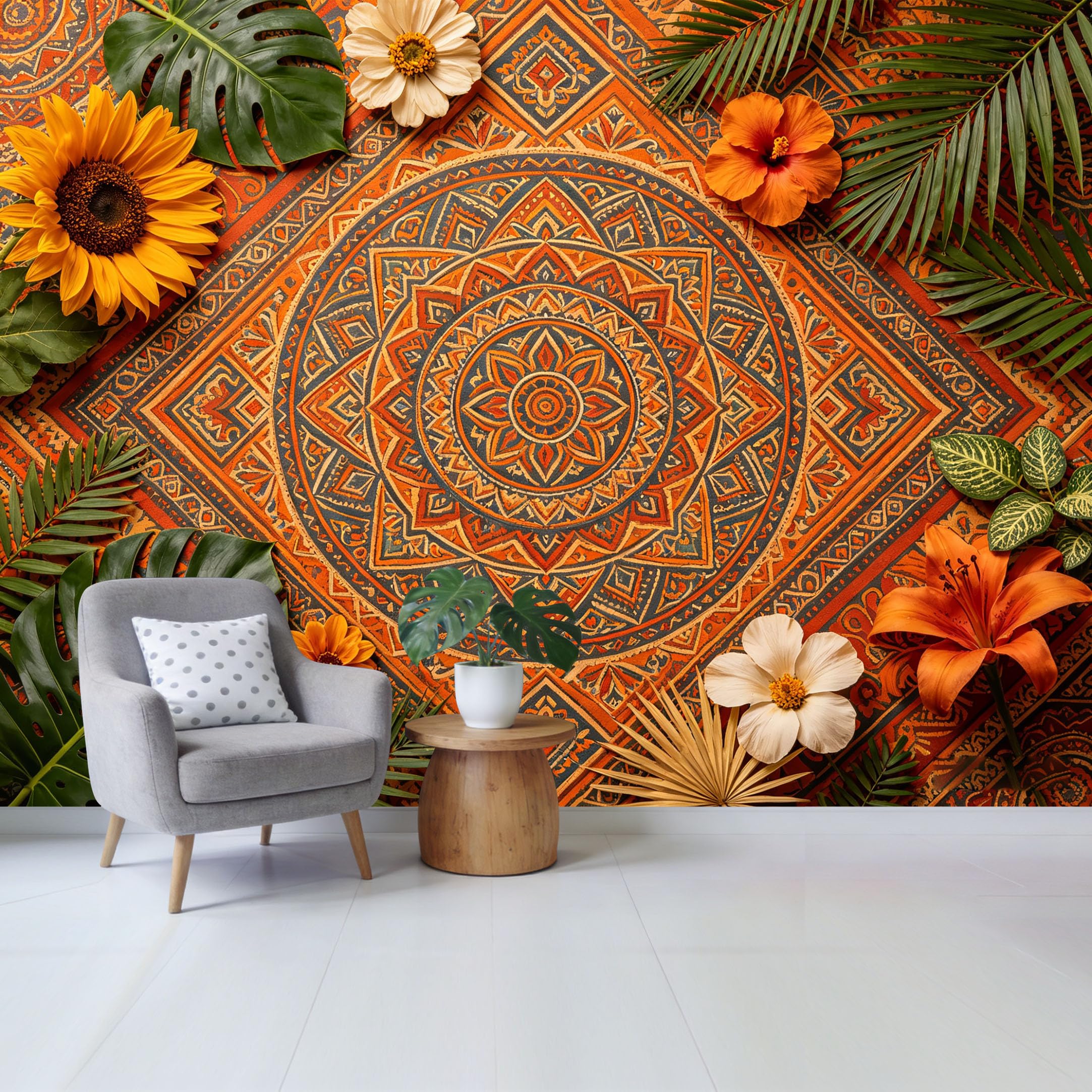Qzlithotic Yq2605250216 Custom Size Wall Mural Orange Geometric Pattern Sunflower Tropical Botanical Leaves Selfadhesive Wall Fabric Removable Wallpaper For Home Office Decor