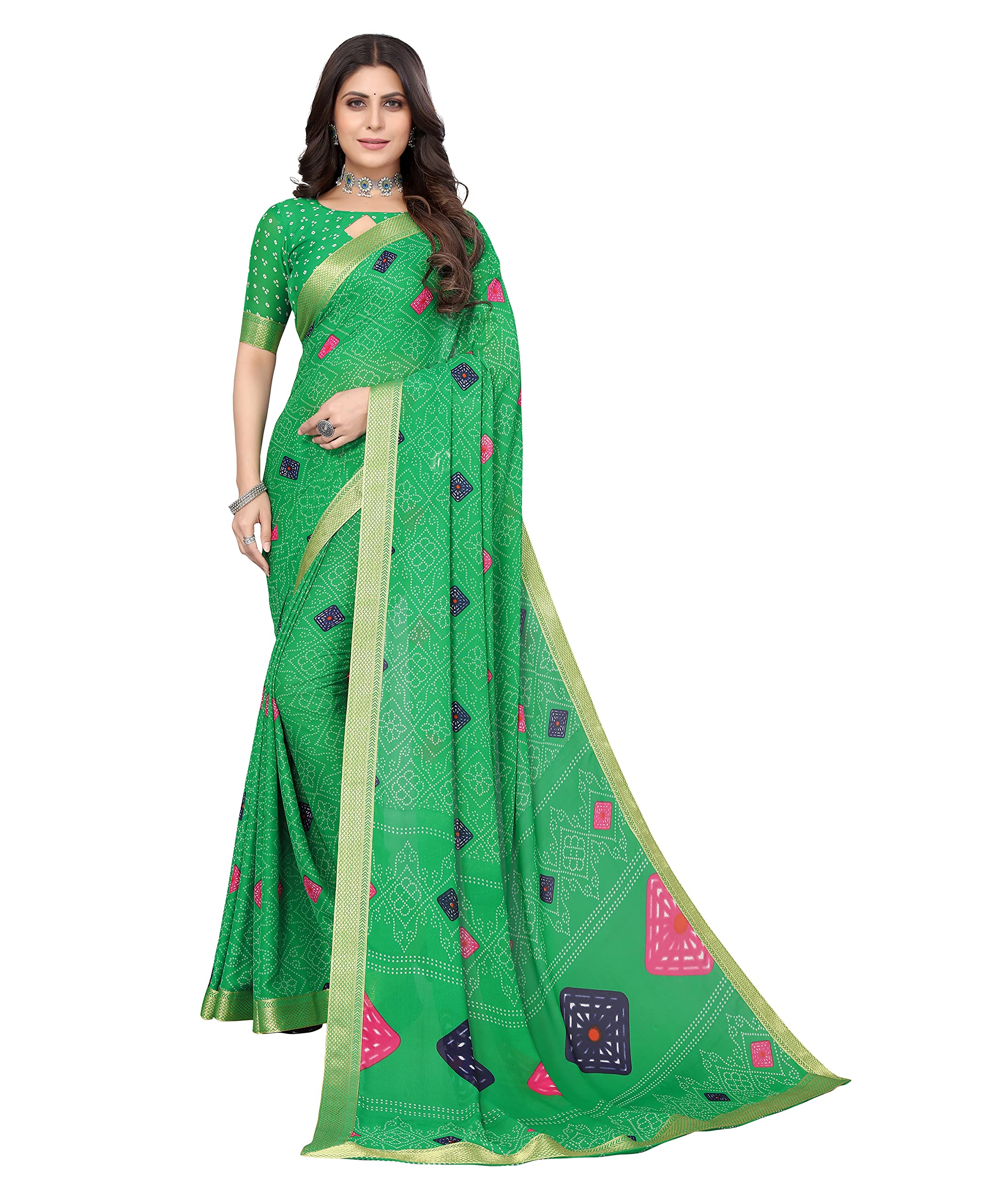 Sari de Georgette Estampado Yashika con Borde de Encaje Talla Libre VERDE ROHINI - Imagen 8 de 10
