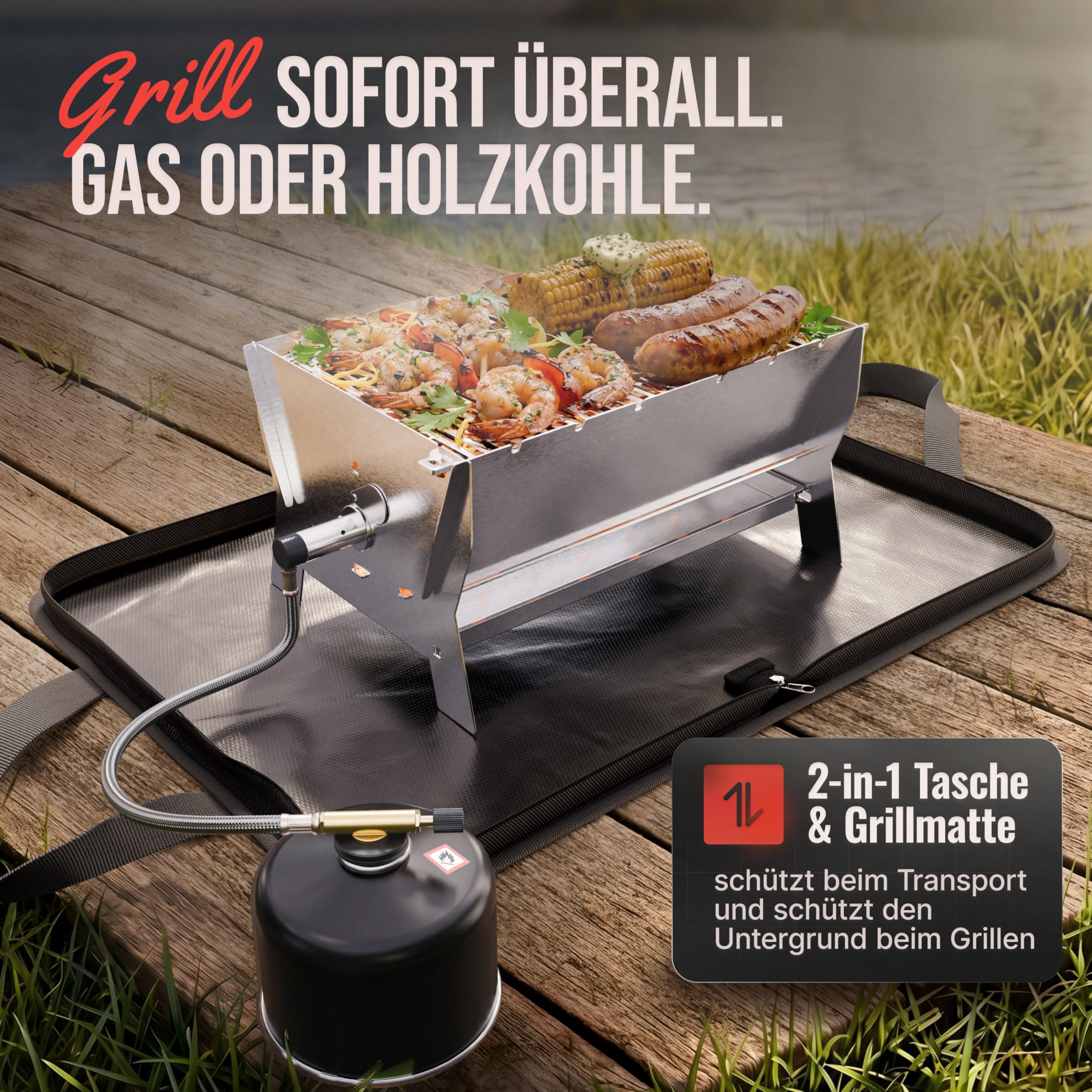Grill | Mobiler Steck-Gasgrill – Tragbarer Edelstahlgrill mit Stecksystem – Gas- & Holzkohlebetrieb – Inkl. Tragetasche – Perfekt für Camping, Balkon, Garten & Outdoor - Camping Grill