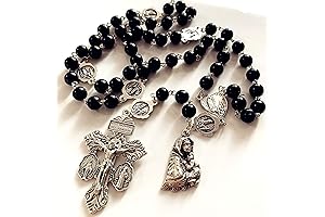 Handmade Black Ebony Beads Our Lady of Fatima Rosary Cross Necklace Pardon Crucifix,Elegant Medical Gift