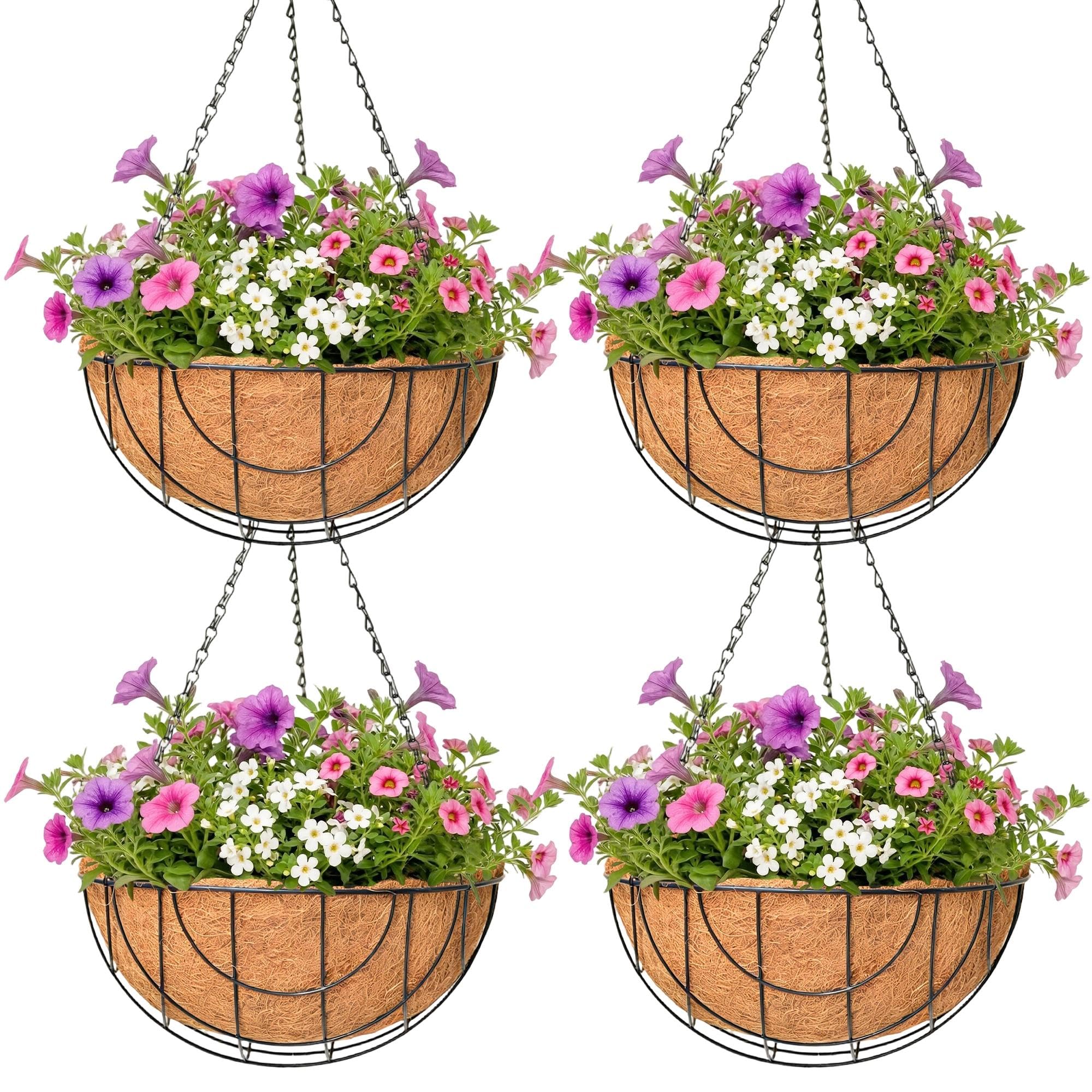 Paquete de 4 macetas colgantes para plantas al aire libre de 12 pulgadas, cesta colgante de metal con forro de coco de coco redondo, soporte para plantas, macetas de cadena para flores, decoración de