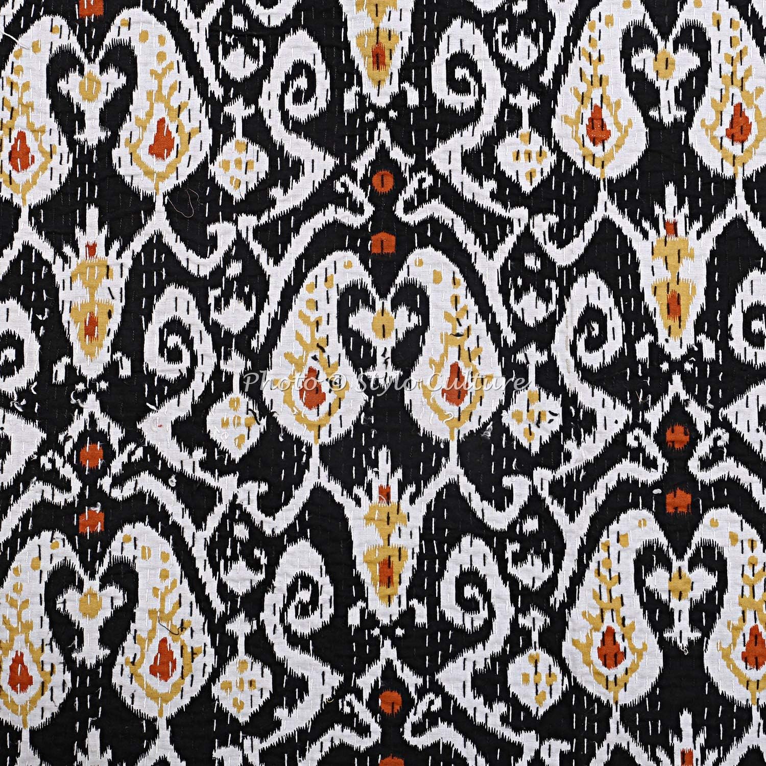 Cotton Kantha Quilt Throw Queen Bedspread Bedding Bed Cover Black Ethnic Indian Hand Stitched Ikat Print Coverlet Blanket (90x108)