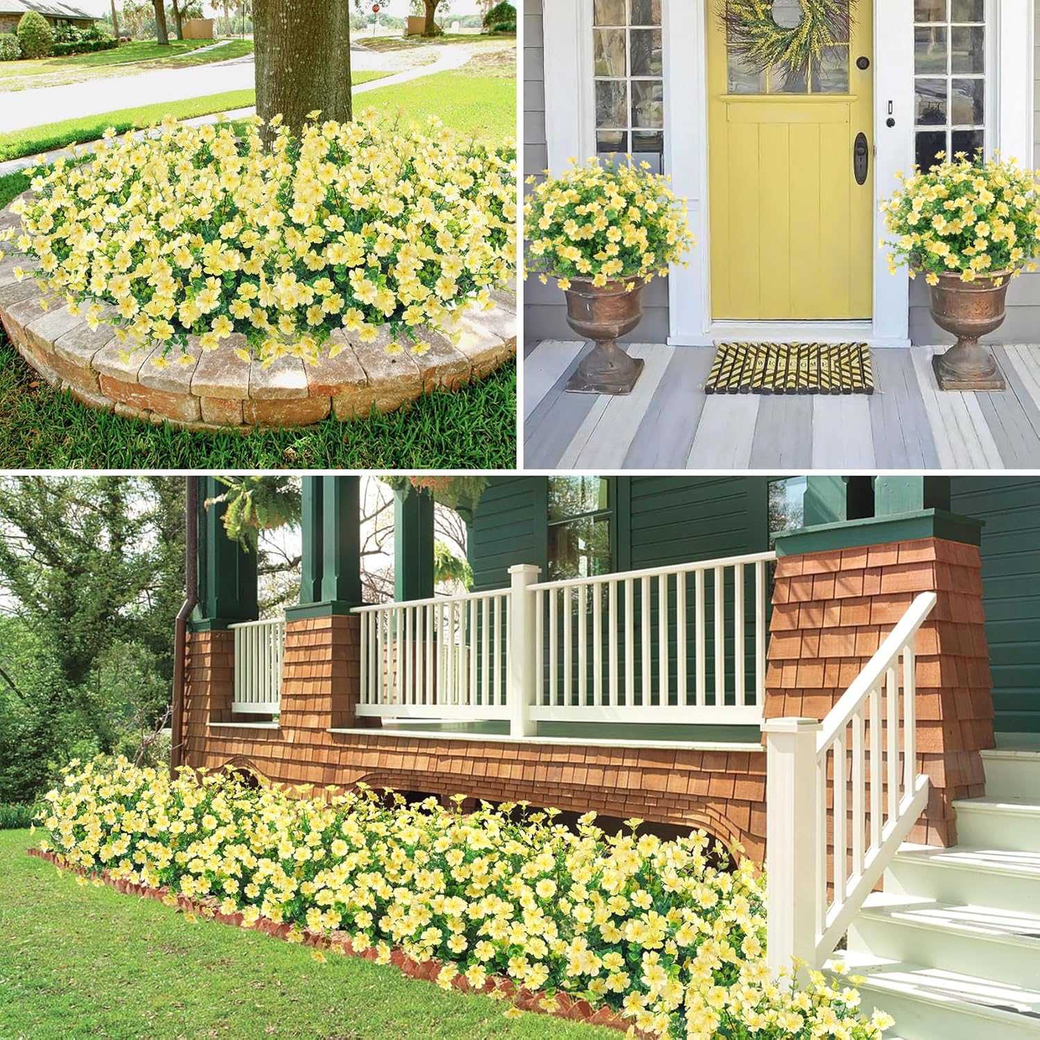 Ouddy Decor 24 Bundles Artificial Silk Flowers for Outdoors, Fake Plants Faux Greenery for Indoor Outside Garden Porch Window Hanging Planter Office Table Home Decor, Yellow
