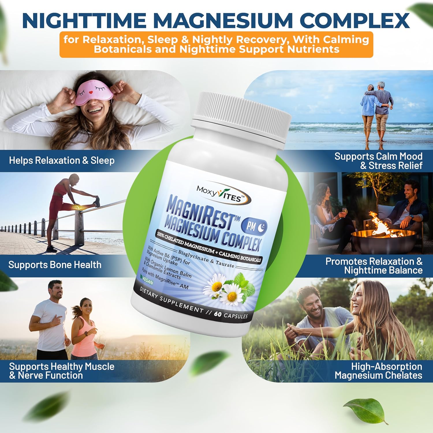 MoxyVites MagniRest PM Magnesium Complex for Women & Men - Magnesium Bisglycinate, Taurate, Active B6, & Calming Organic Botanicals - Chelated High Absorption - Nighttime Magnesium, 60 Vegan Capsules
