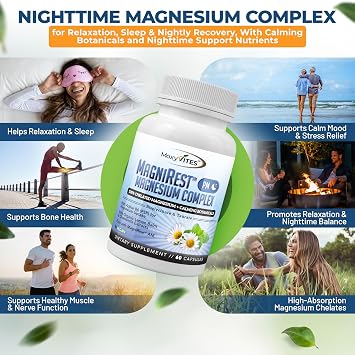 MoxyVites MagniRest PM Magnesium Complex for Women & Men - Magnesium Bisglycinate, Taurate, Active B6, Calming Organic Botanicals - Chelated High Absorption - Nighttime Magnesium, 60 Vegan Capsules