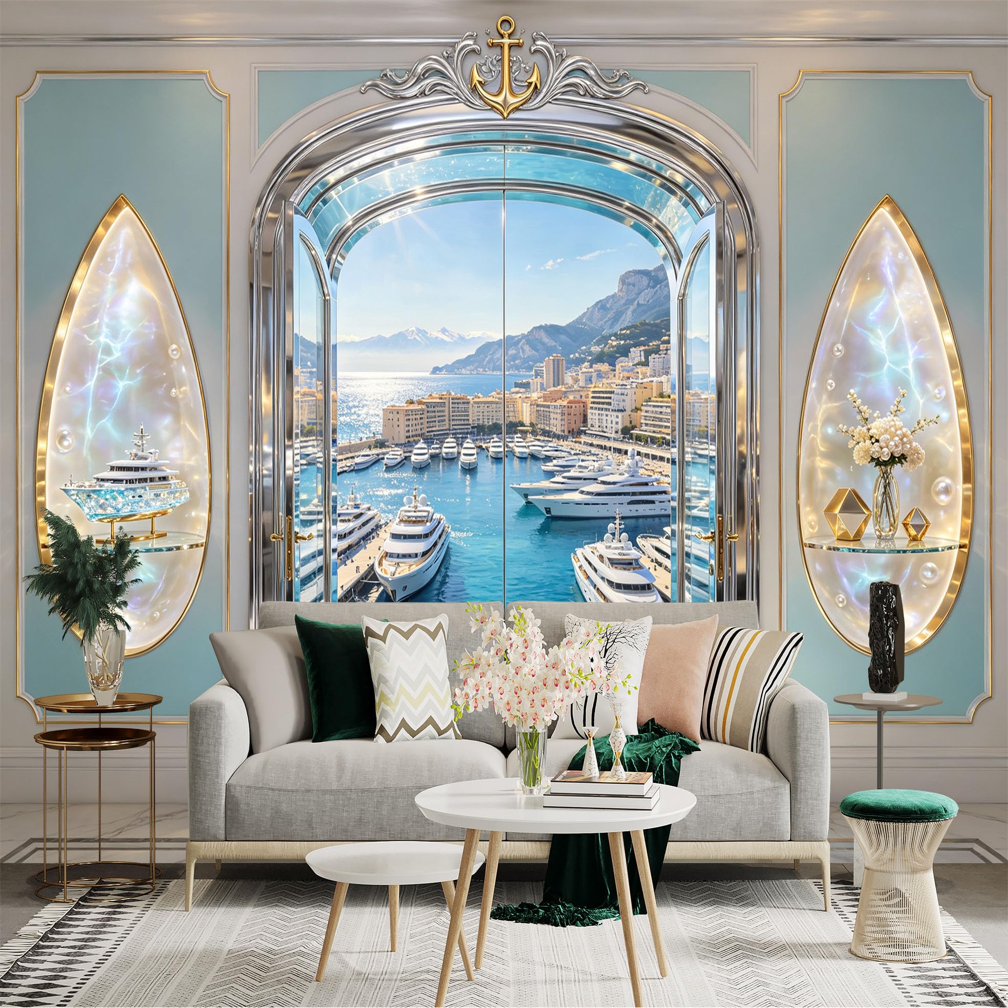 Custom Size Wall Sticker Mural， Luxury Yacht Marina Ocean View， for wall Decoration， peelandstick wall Decals.