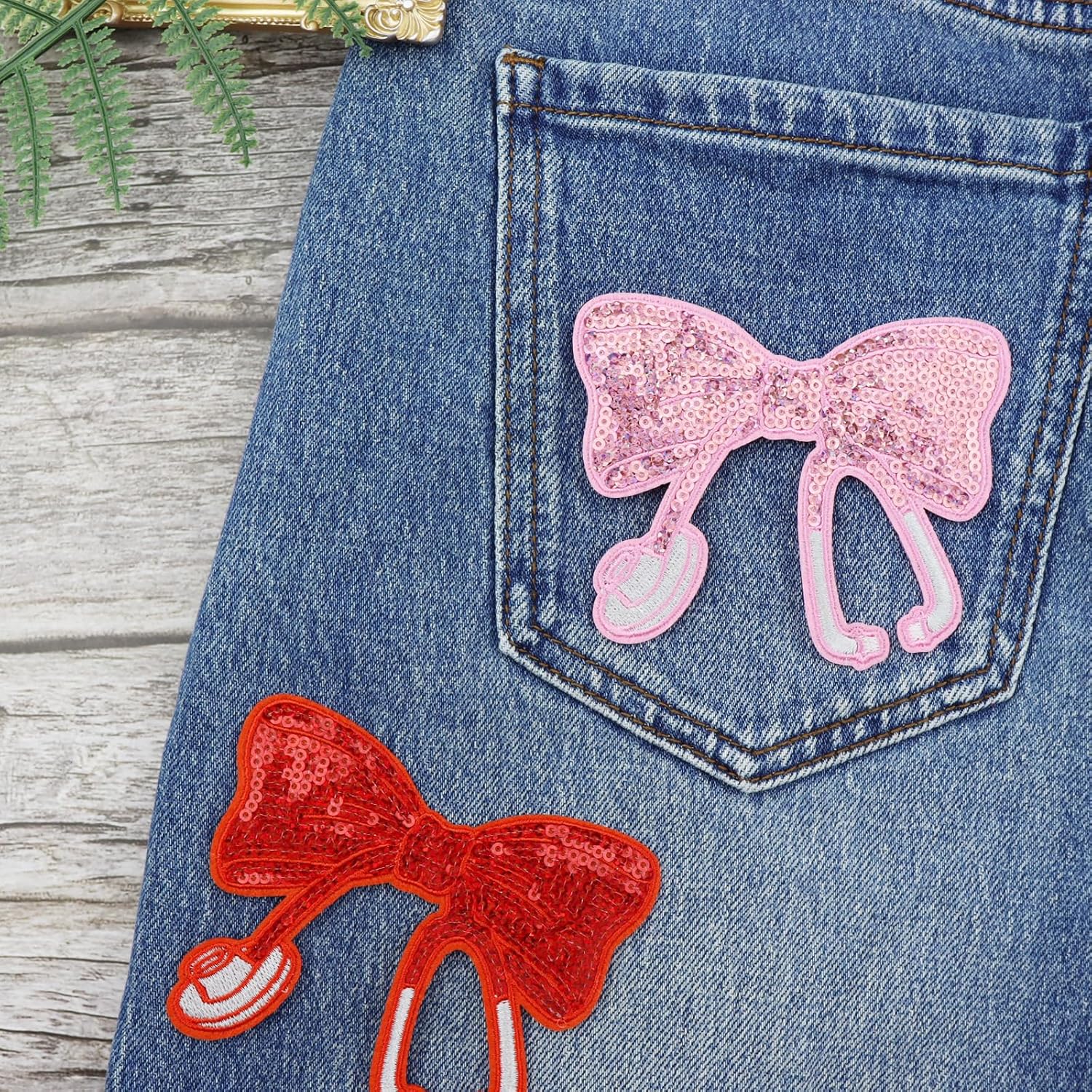 4Pcs Sequin Bow Iron On Patches, Bow Embroidered Patch for Clothes, Dress, Hat, Jeans, Shoes Bags, DIY Supplies, Lake Blue. image 4
