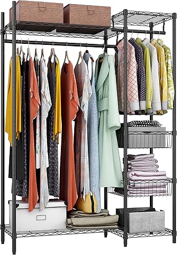 Xiofio Perchero de ropa resistente de 6 niveles, perchero de ropa de metal, perchero ajustable con varilla colgante y cestas de fijación de alambre,