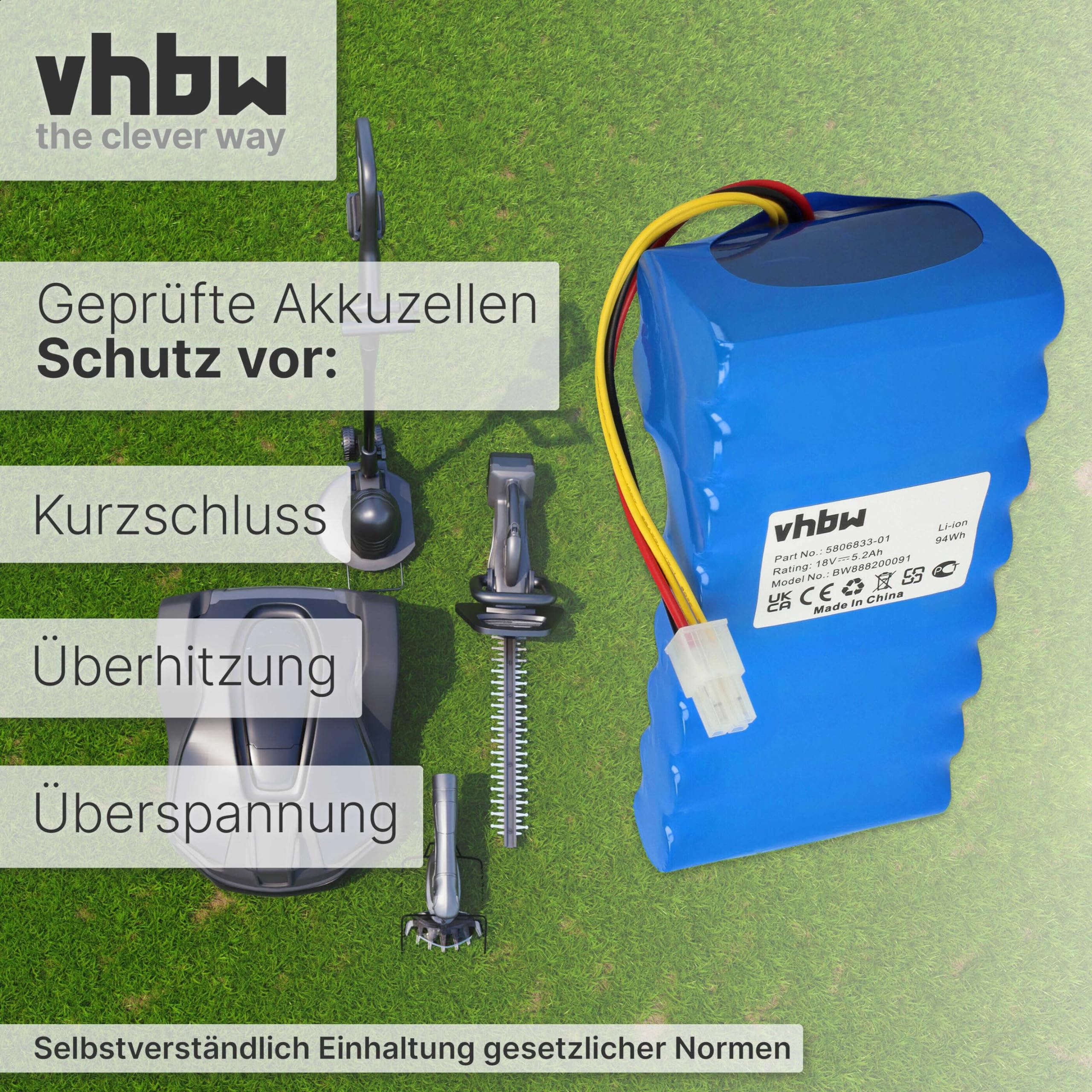 vhbw Batería (Pack) reemplaza Husqvarna 589585201, 5881464-02, 588146402, 588 14 64-02 para Robot cortacésped 5200mAh 18V Li-Ion