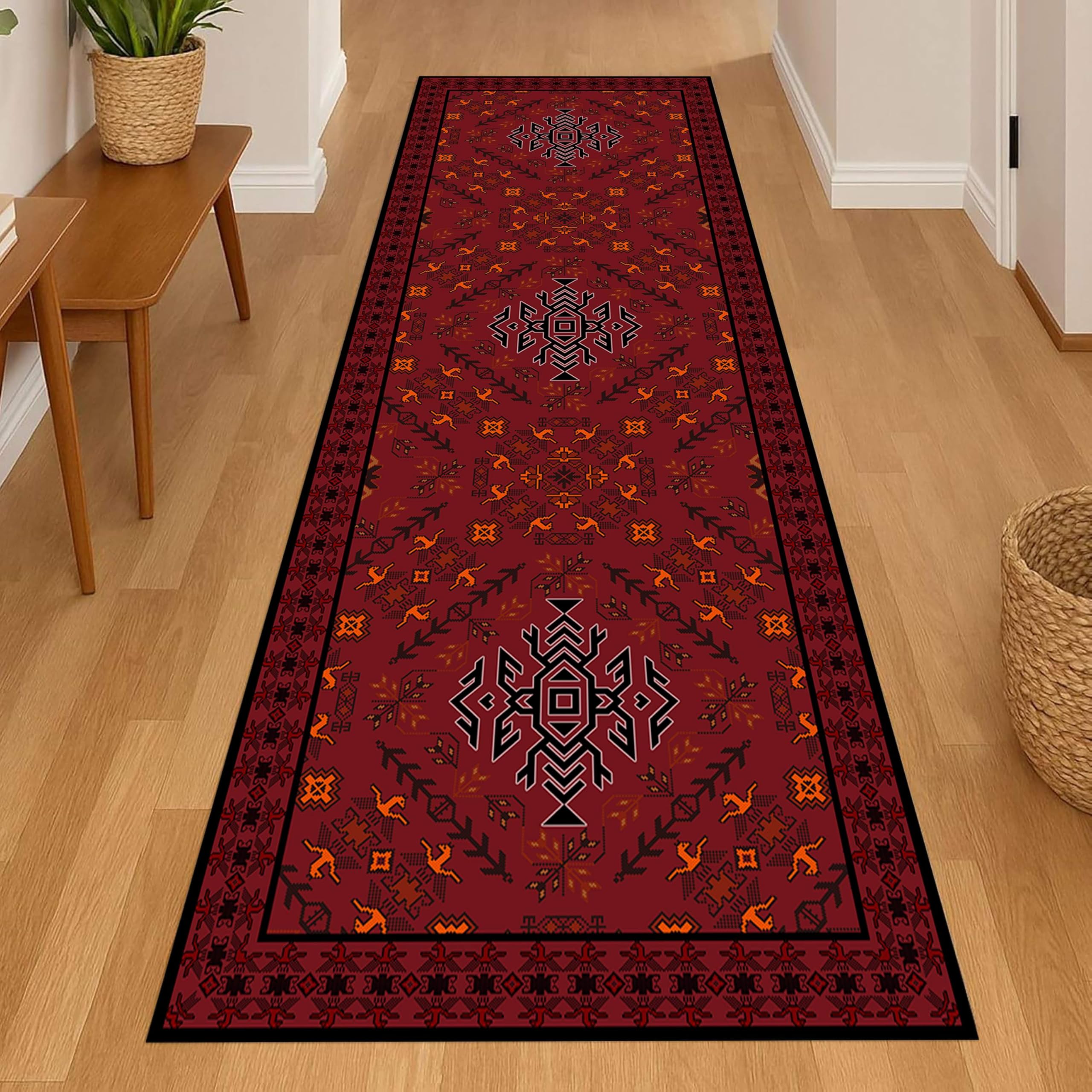 LHOMKCV Western Tribal Hallway Rug, 60x240cm, Traditional Southwest Aztec Style Red Long Runners Carpet, Washable Non Slip Rubber Bottern Room Decor Mat for Foyer Kitchen
