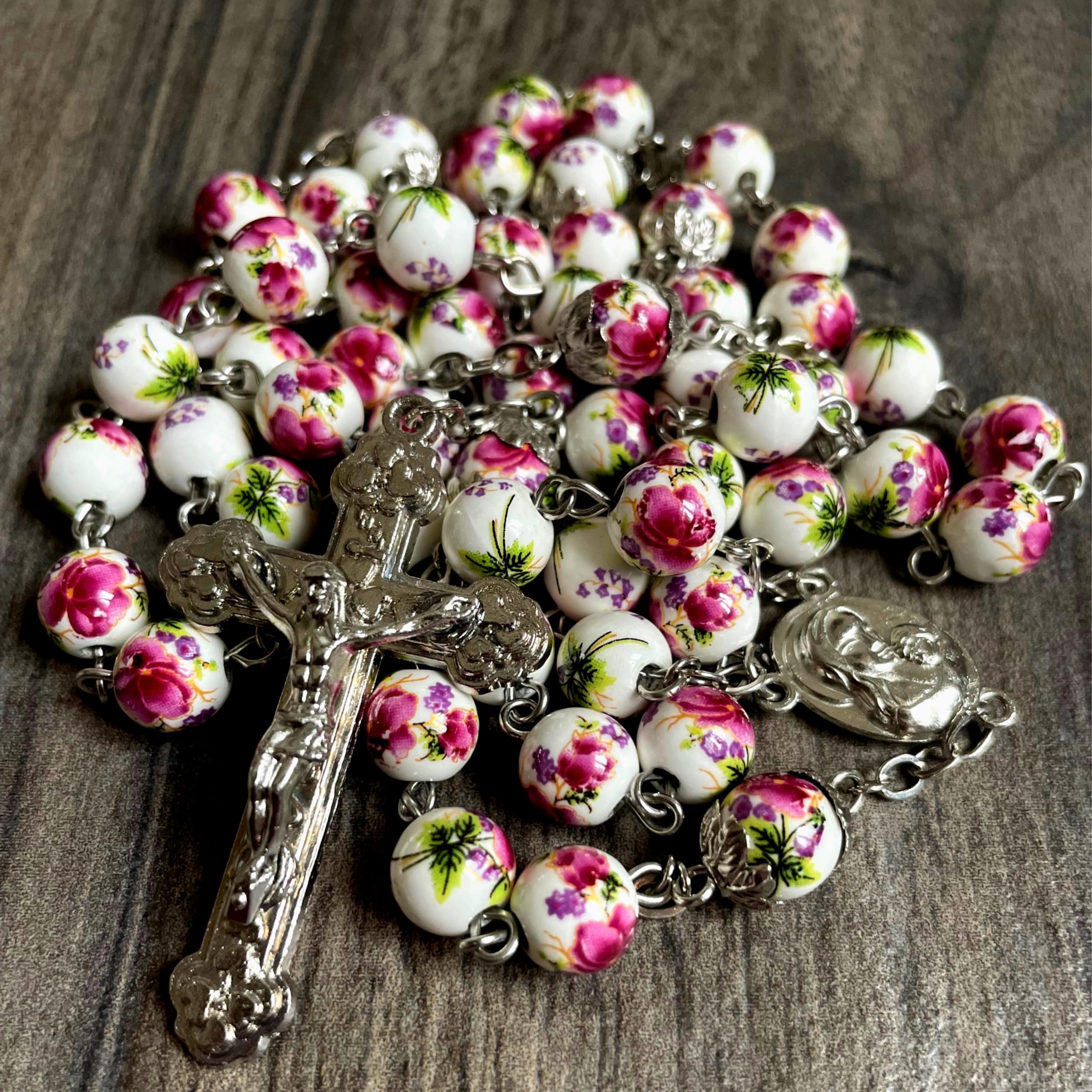Chapelet de perles de fleurs,Rosaire avec Terre Sainte de Jérusalem dans sa boîte à cadeau, Fêtes chrétiennes, Pâques,Communion,Baptême,Confirmation, Anniversaire,Naissance,Protection, Voiture