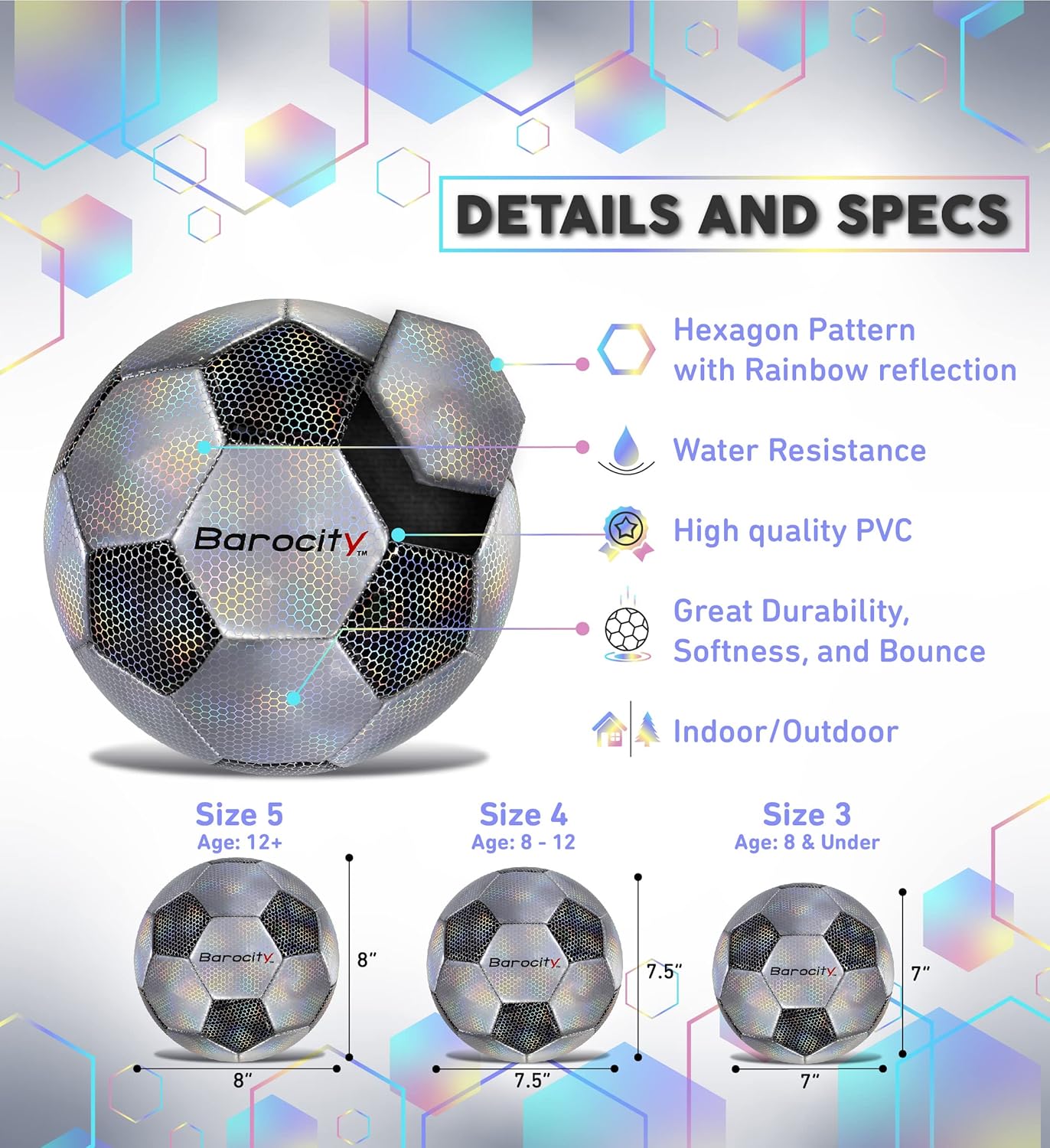 Soccer Ball - Premium Boy and Girl Official Match Ball with Cool Reflective Iridescent Rainbow Hex Pattern, Durable, Indoor, Outdoor, Training, Practice, Playtime and Games